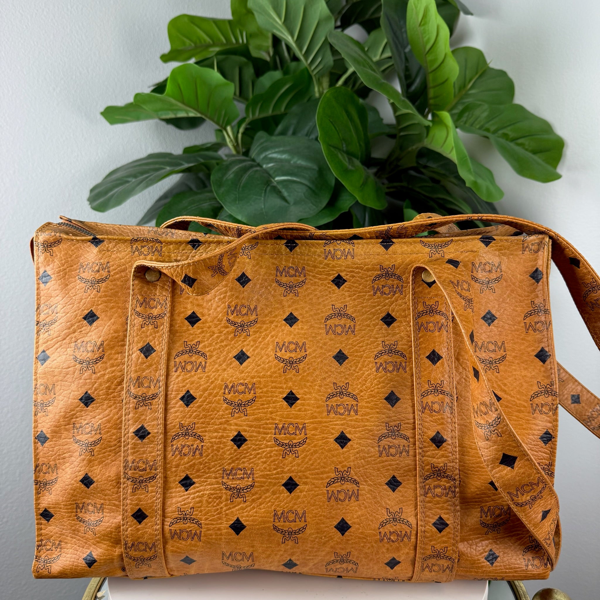 Authentic MCM Cognac Visetos Coated Canvas Large Shoulder Tote Bag
