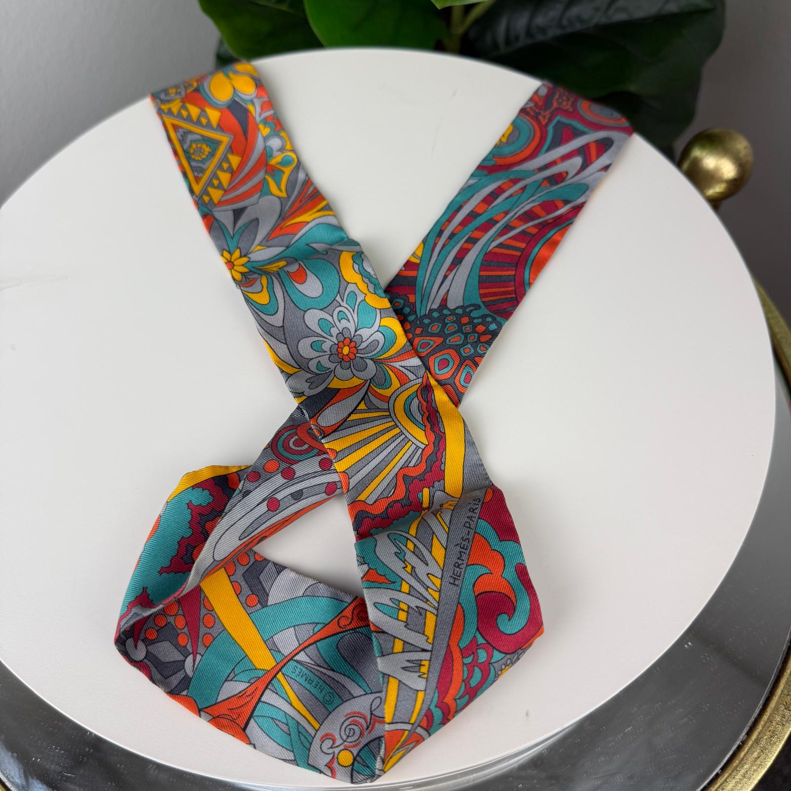 Authentic HERMES Silk Gray Orange Scarf