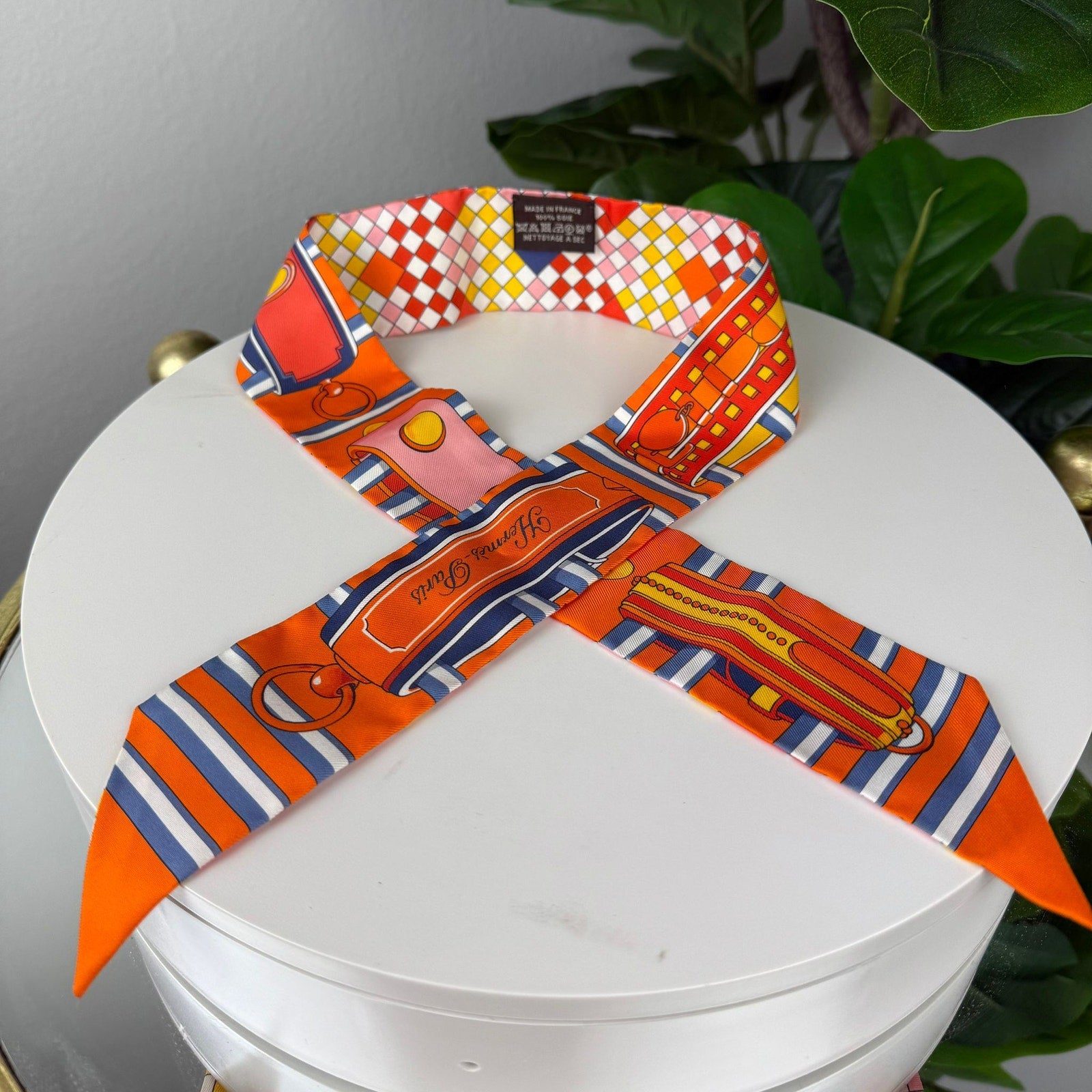 Authentic Hermes Silk Colliers De Chiens Remix Twilly Orange