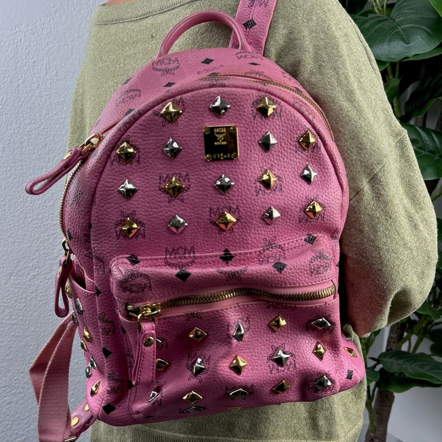 MCM Pink Visetos Studded Stark Backpack