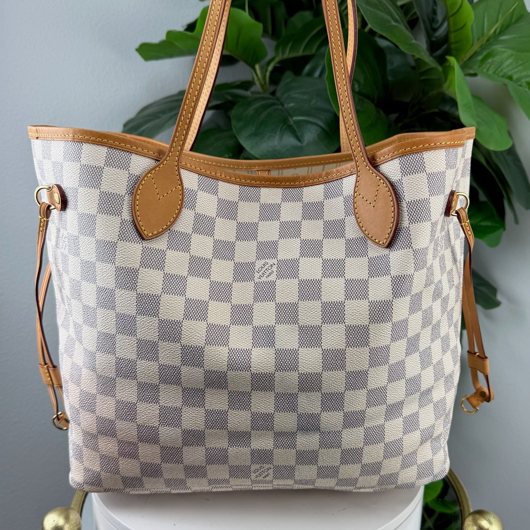 Authentic Louis Vuitton Neverfull MM Damier Azur Canvas Tote Bag with Vachetta Leather Trim - Certificate of Authenticity Included