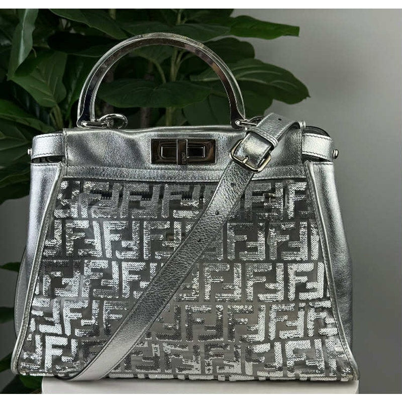 A10💎✨LIMITED EDITION FENDI PVC Vitello Catalan Mirror Sequin FF Medium Peekaboo Satchel