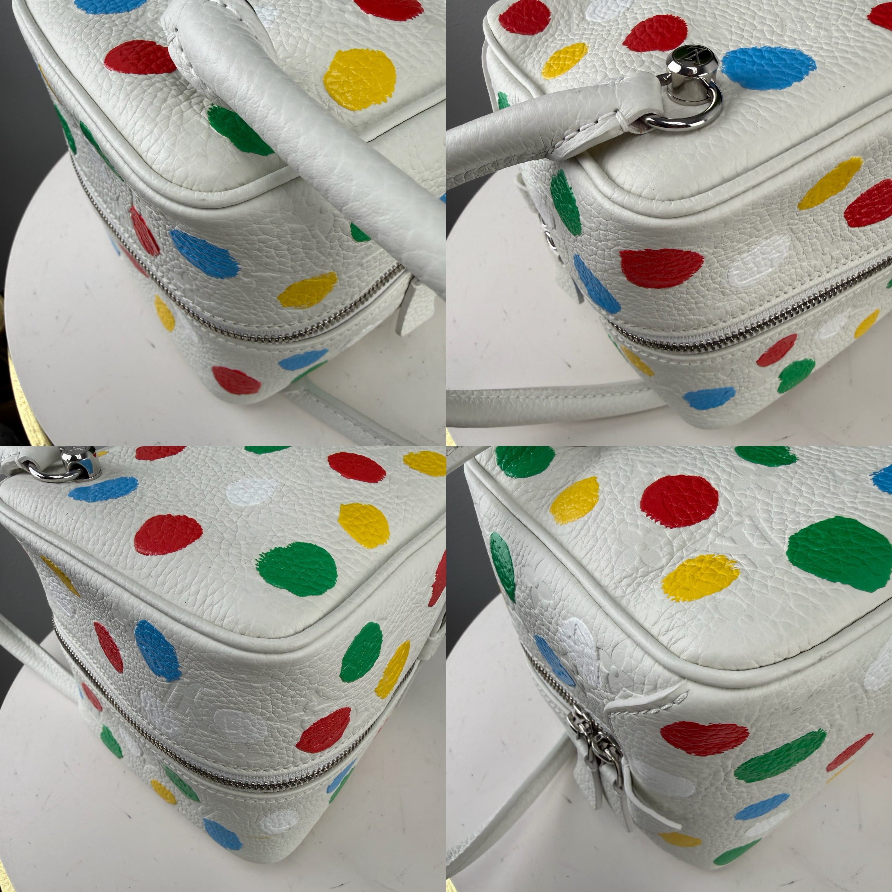 Authentic Louis Vuitton x Yayoi Kusama White Pebbled Leather Infinity Dots Square Bag