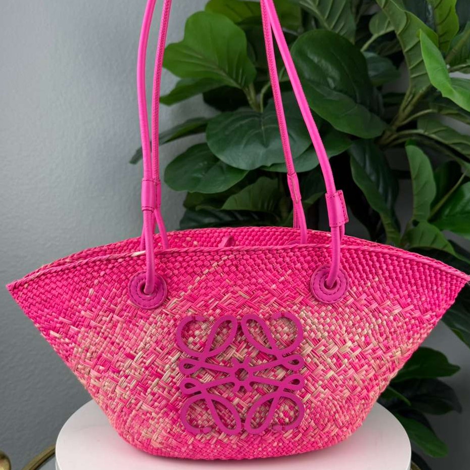 Authentic Loewe Anagram Basket Bag Iraca Palm Pink