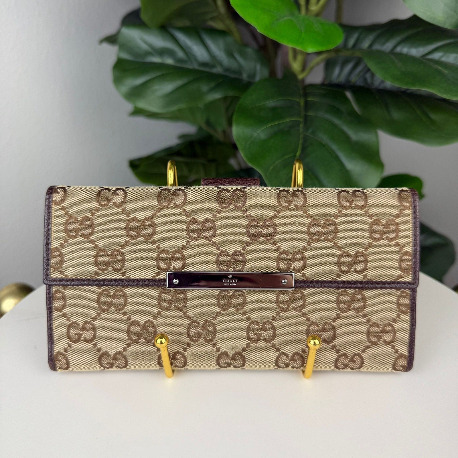 Authentic GUCCI GG Canvas Long Wallet Leather Beige