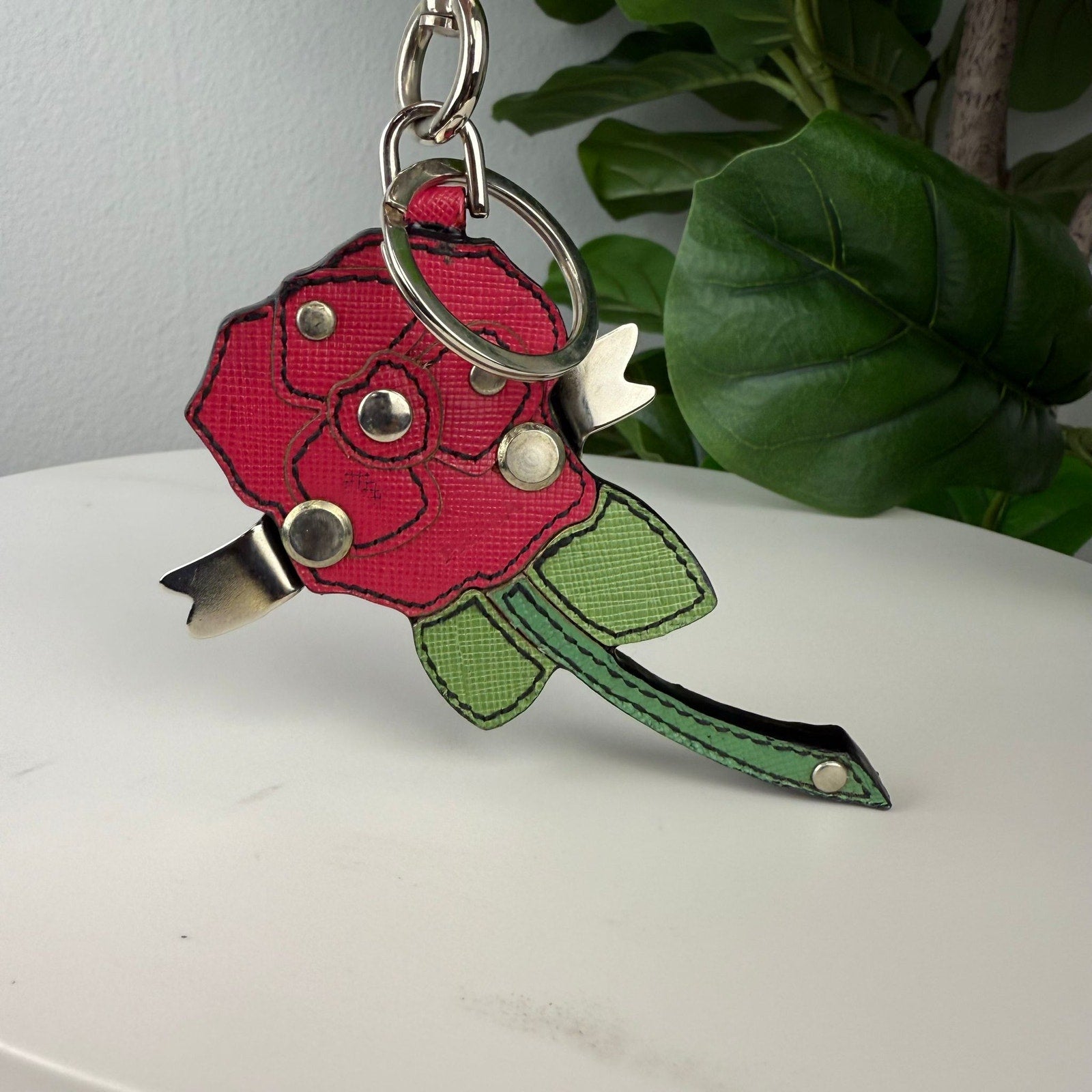 Authentic PRADA Rose Motif Leather Bag Key Chain Red Green