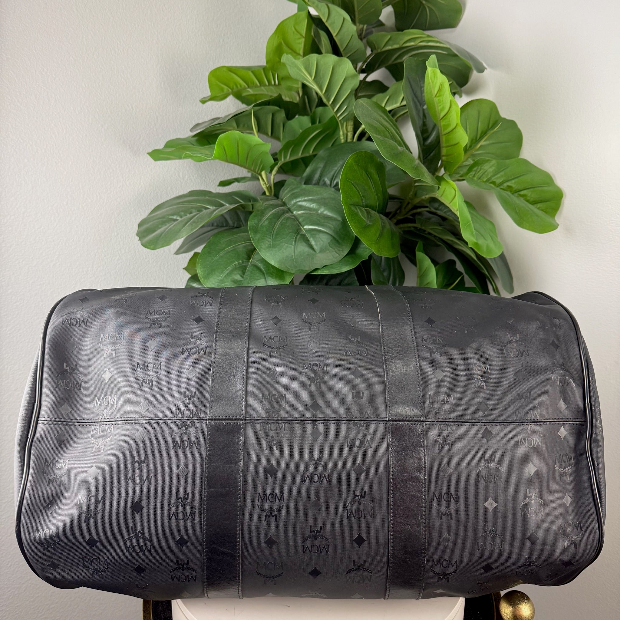 Authentic MCM Black Visetos Coated Canvas Large Travel Duffle Bag