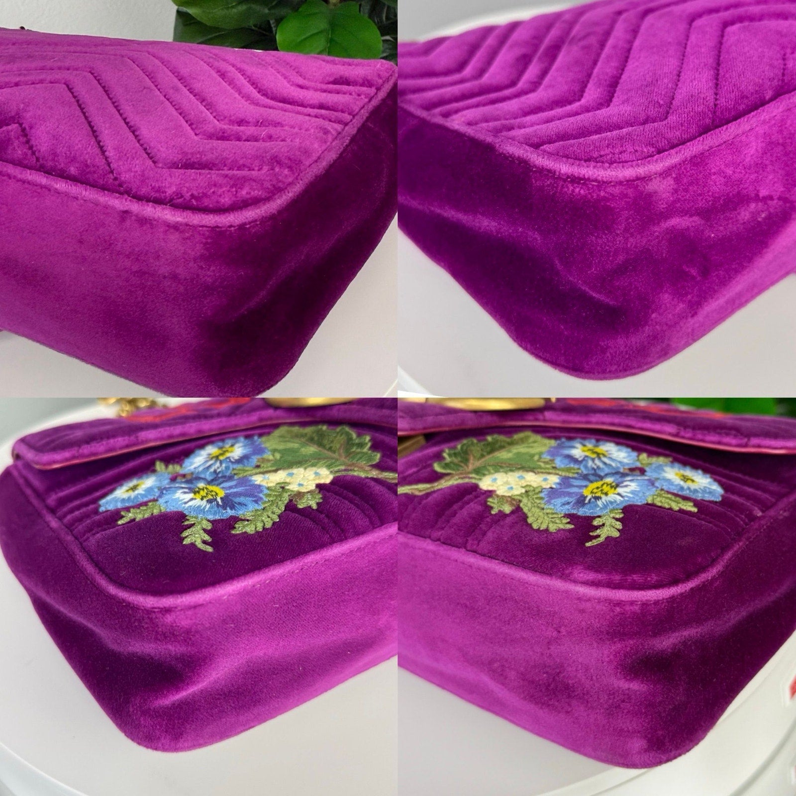💎Authentic Gucci Velvet Matelasse Loved Embroidered Medium GG Marmont Shoulder Bag Fuchsia Violet Cyclamen