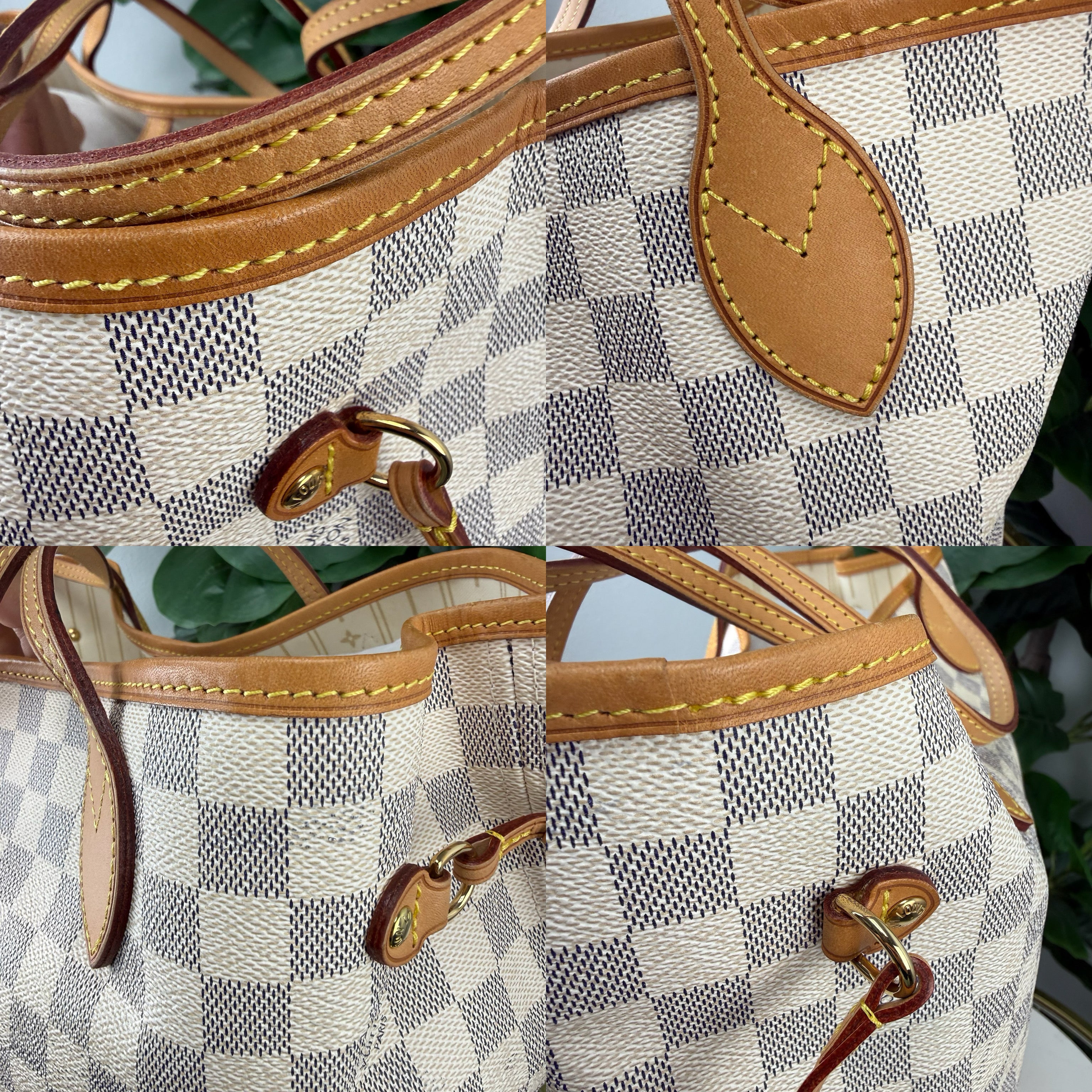 Authentic Louis Vuitton Neverfull MM Damier Azur Canvas Tote Bag with Vachetta Leather Trim - Certificate of Authenticity Included