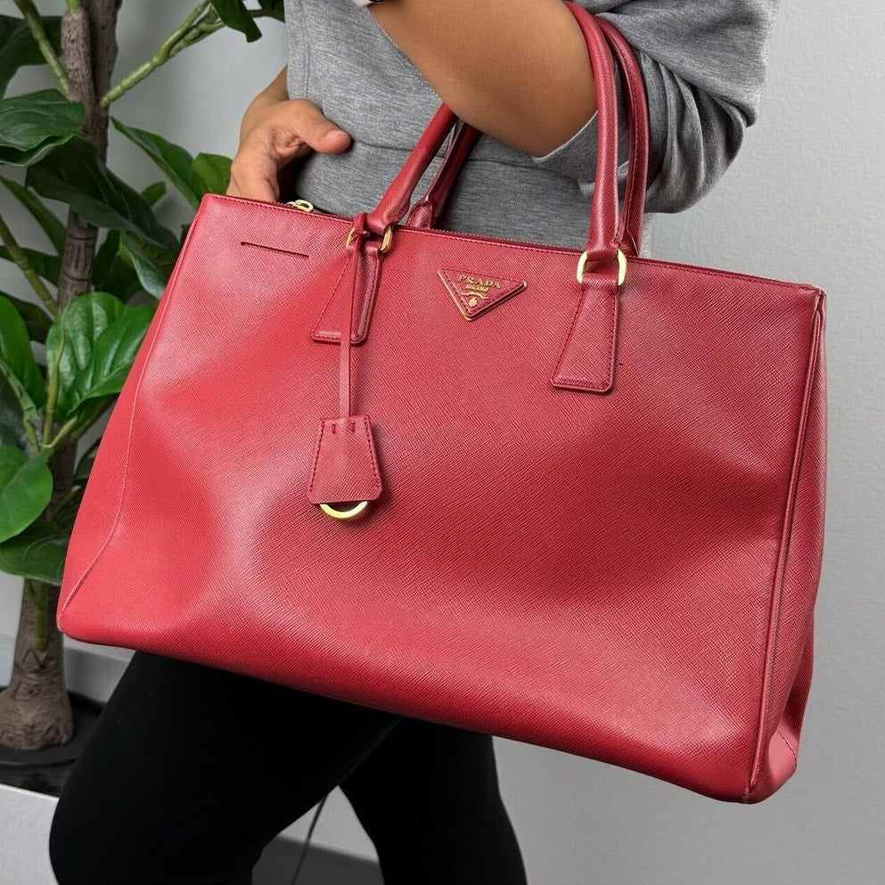 Authentic Prada Saffiano Lux Galleria Double Zip Tote Bag Red