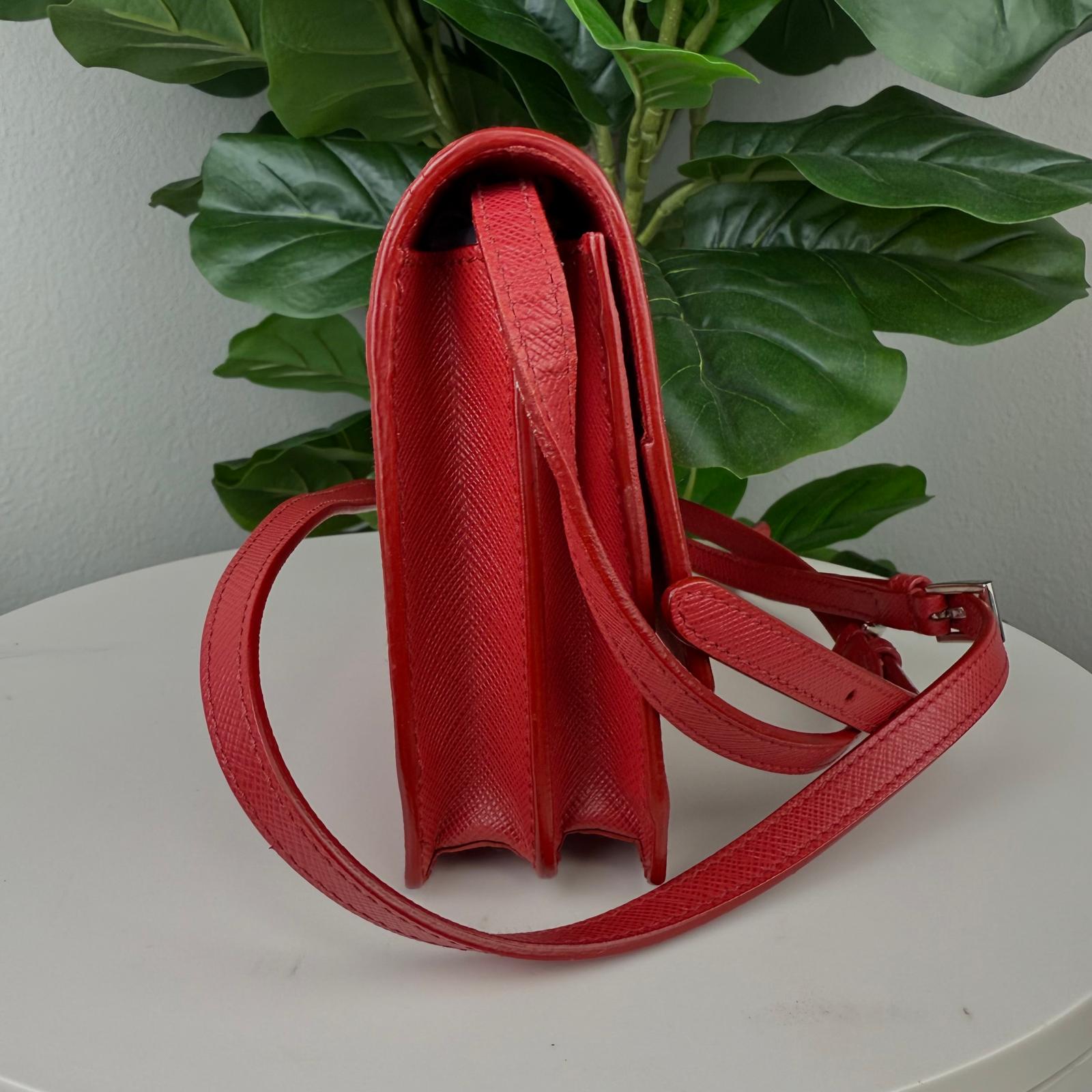 Authentic Prada Red Saffiano Leather Double Sided Flap Crossbody Bag