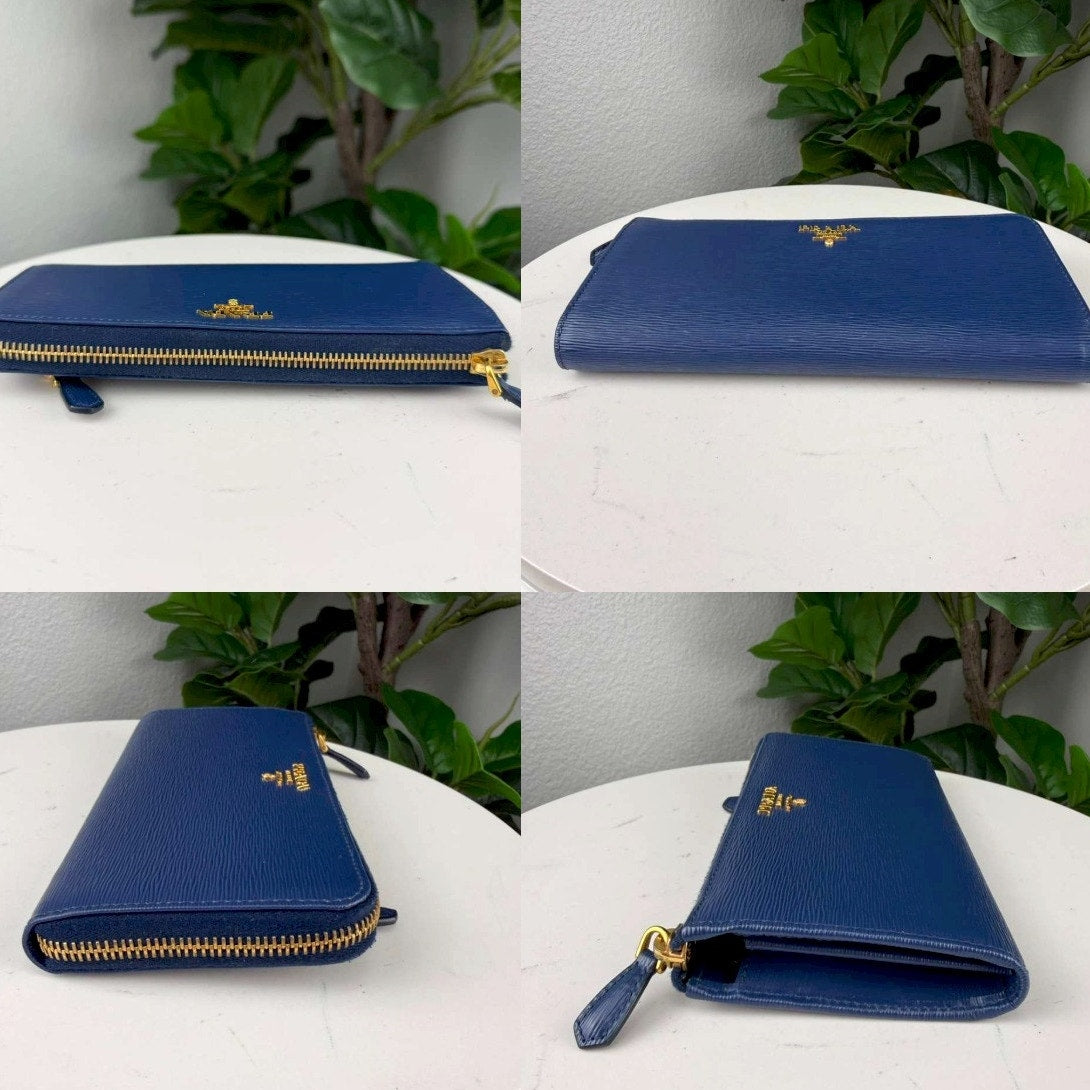 Authentic Prada Long  Blue Saffiano Leather Wallet