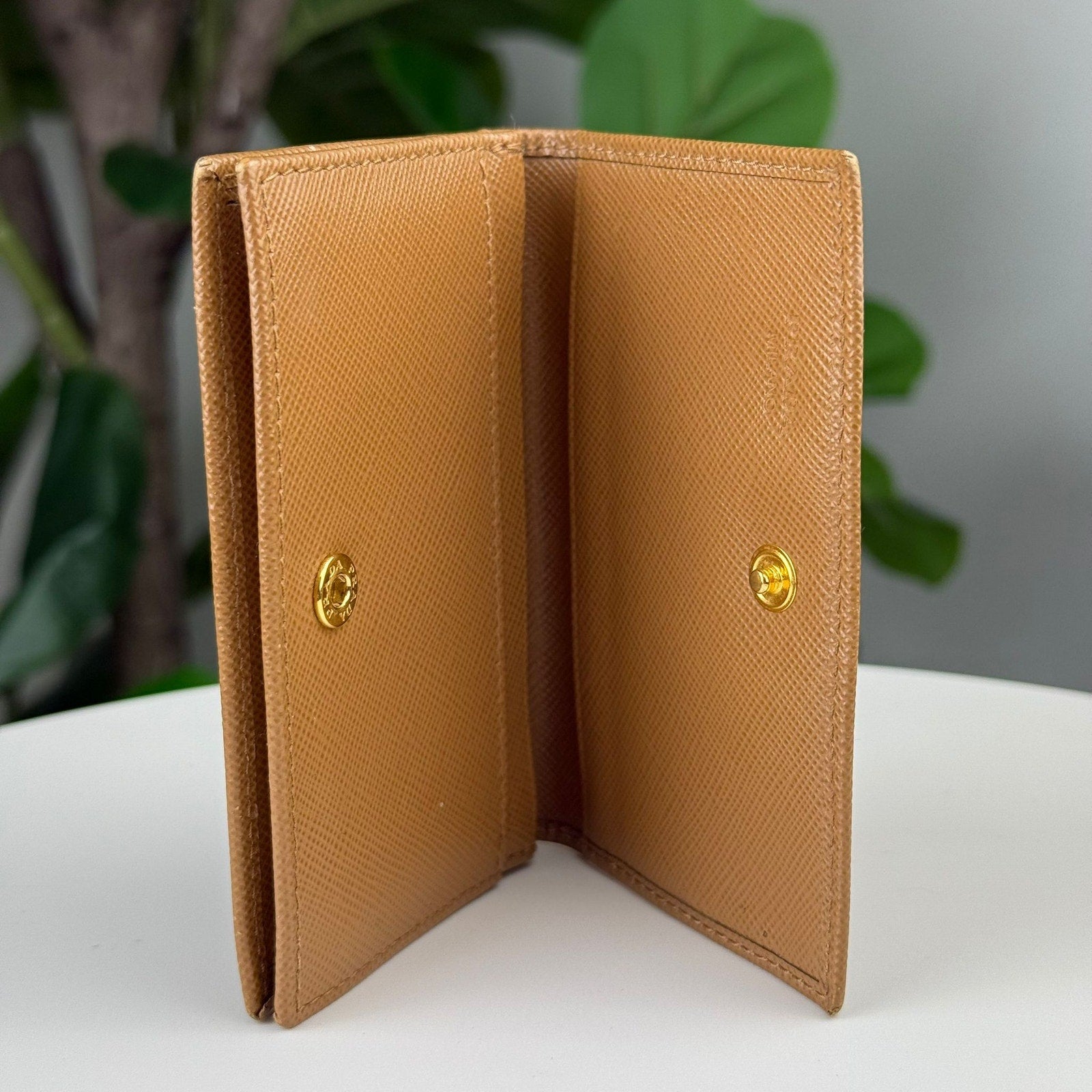Authentic PRADA Card case Saffiano Leather Light Brown