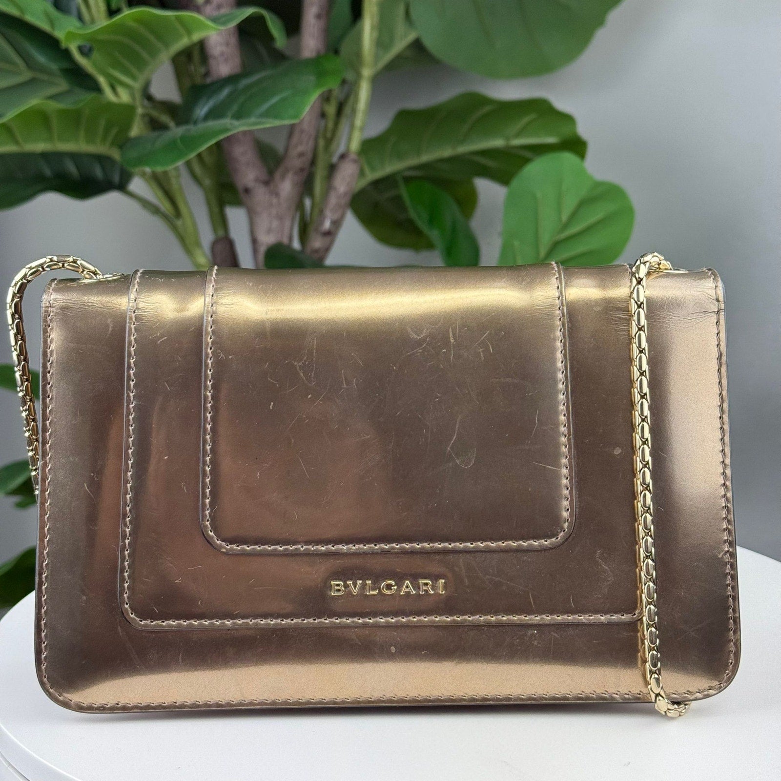 Authentic Bvlgari Metallic Patent Leather Serpenti Crossbody Bag