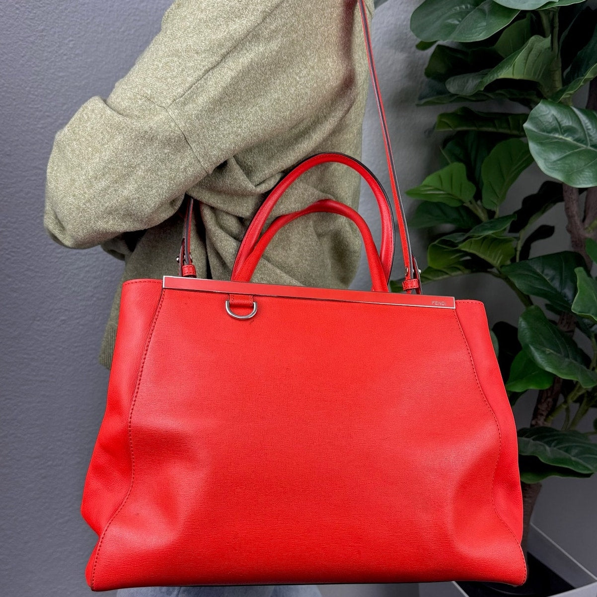 Fendi 2Jours Saffiano Leather Red Tote Shoulder Bag Authentic Pre Owned