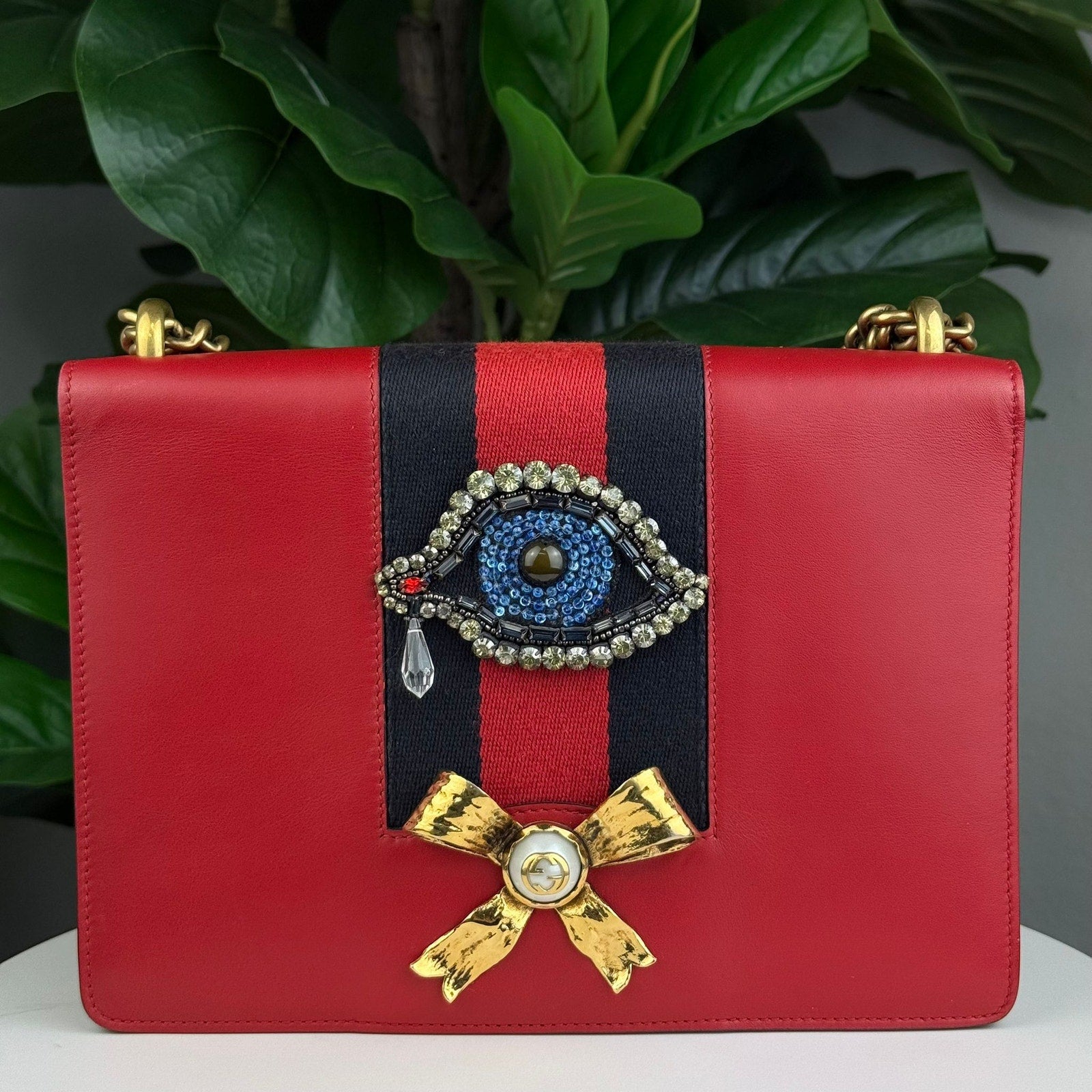 Authentic Gucci Red Leather Peony Eye Chain Shoulder Bag