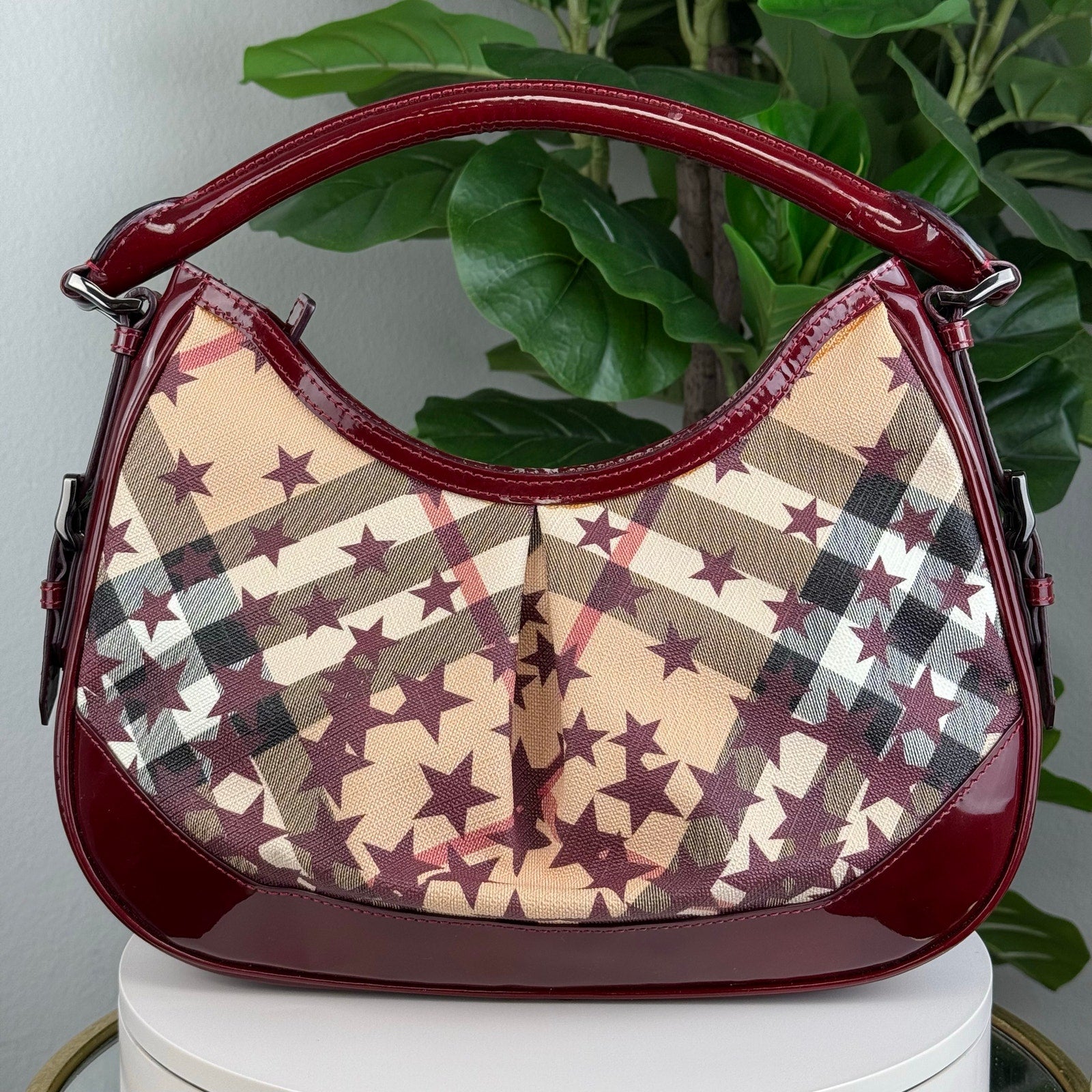 Authentic BURBERRY  Nova Plaid PVC Shoulder Bag Beige Wine
