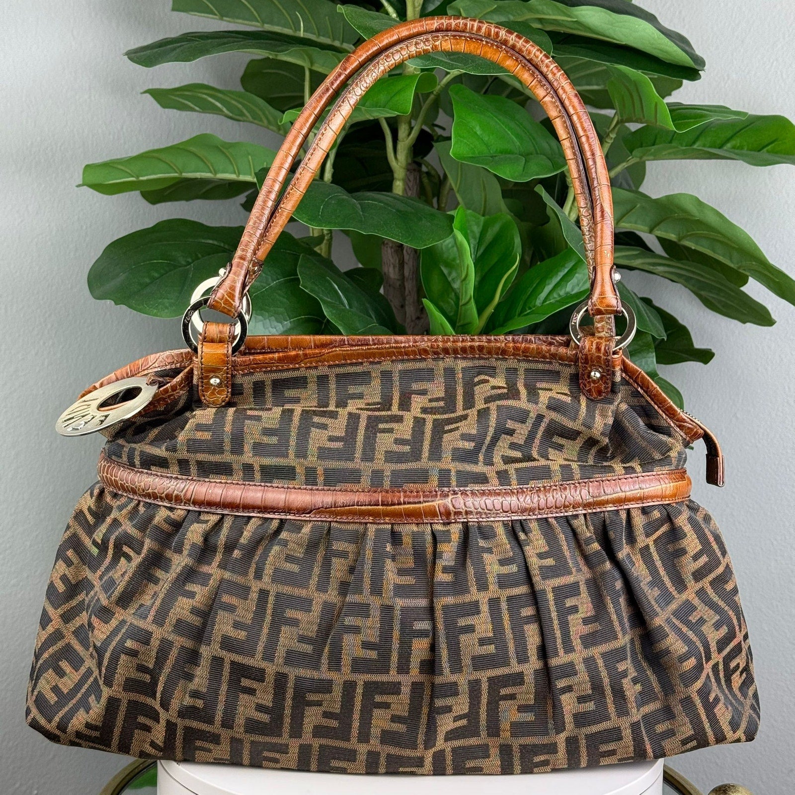 Authentic Fendi Tobacco Zucca print Croc Embossed Chef Tote Bag