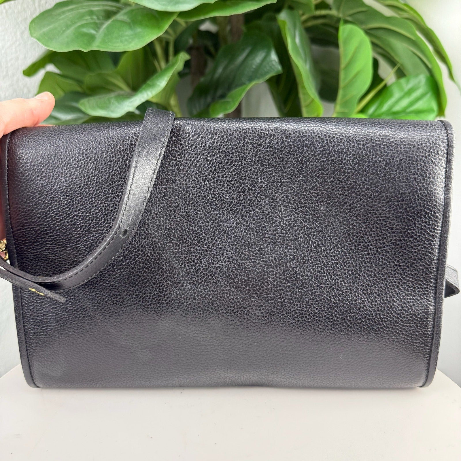 Longchamp Pebbled Leather Black Envelope Flap Crossbody Bag Authentic Pre Owned