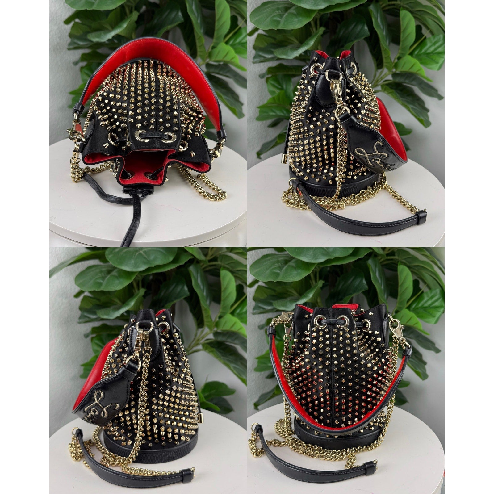 Christian Louboutin Marie Jane Bucket Bag Studded Satin and Leather