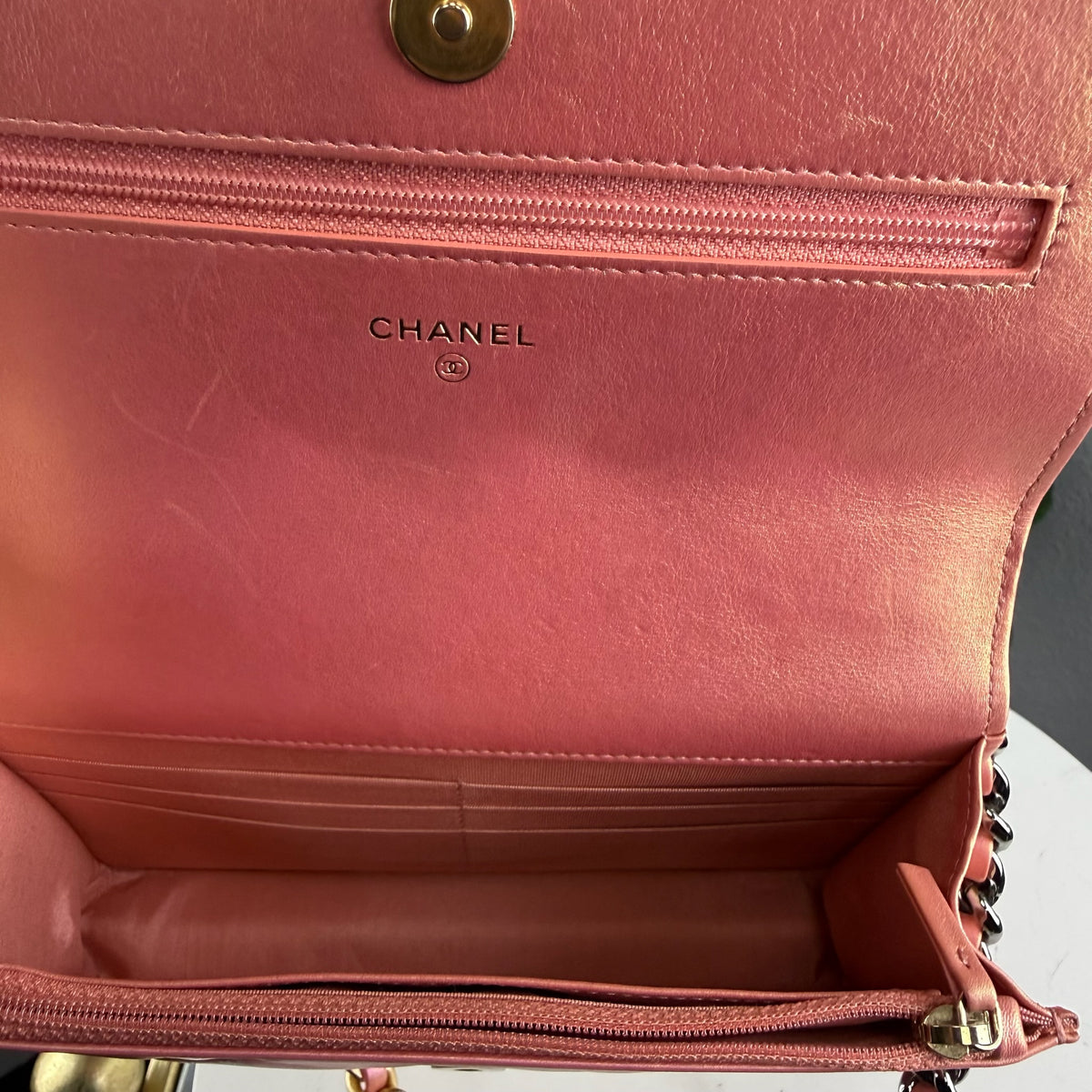 Authentic Chanel 19 Small Flap Bag Iridescent Pink Quilted Lambskin