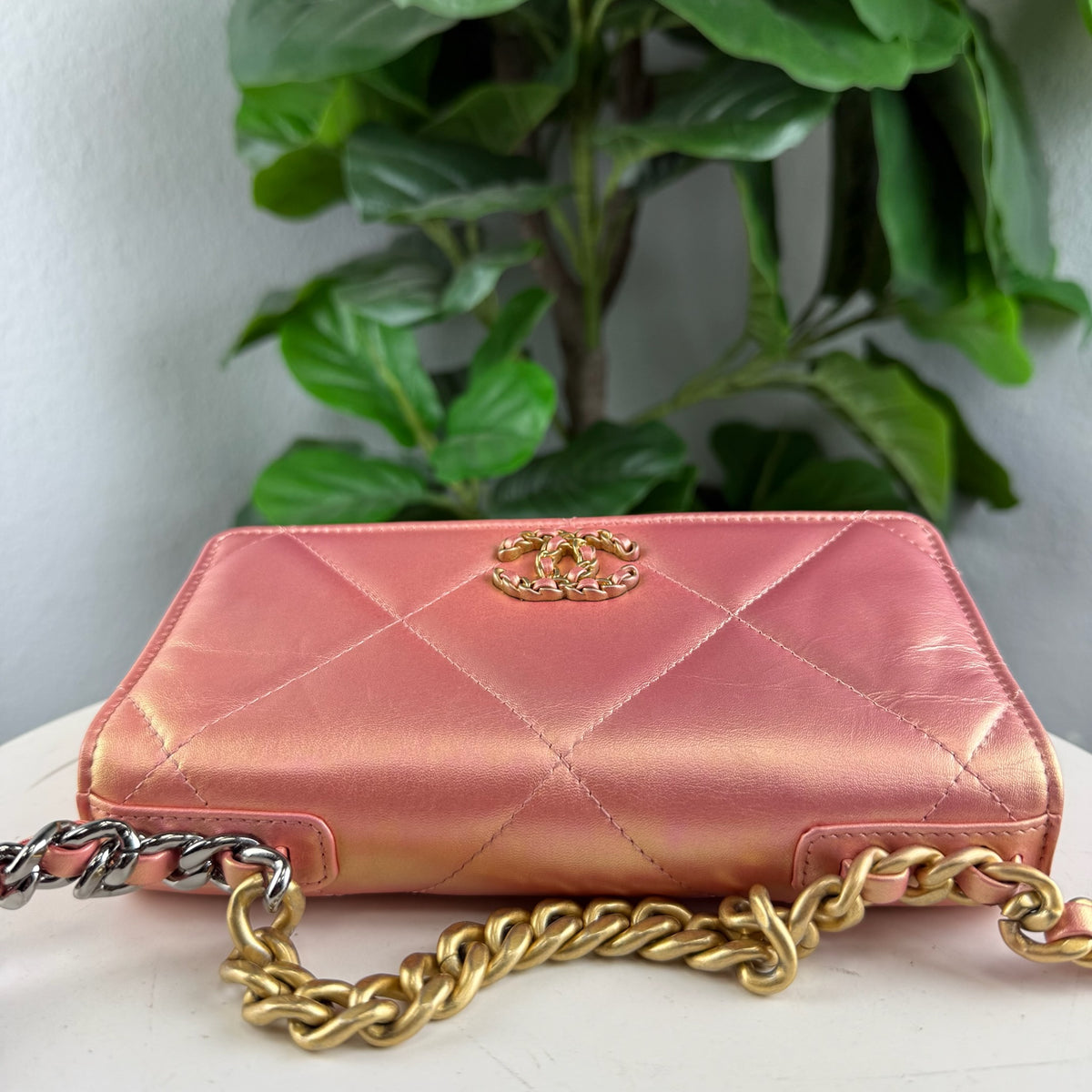 Authentic Chanel 19 Small Flap Bag Iridescent Pink Quilted Lambskin