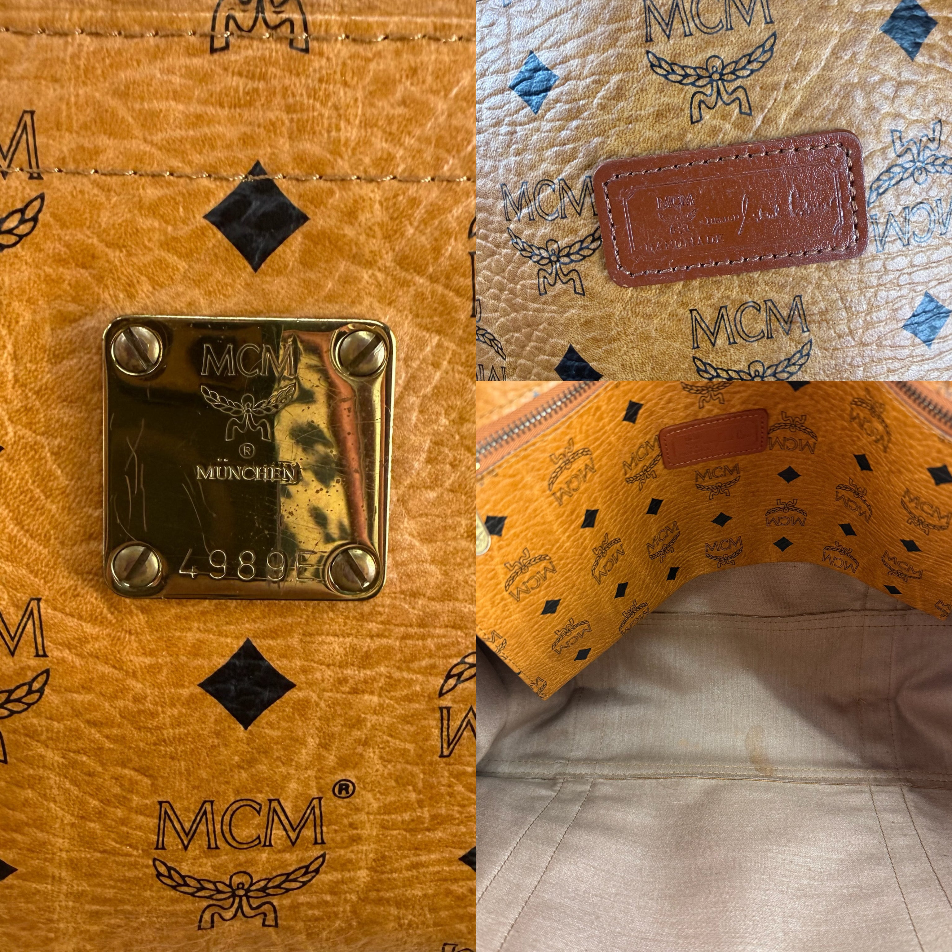 Authentic MCM Cognac Visetos Coated Canvas Large Shoulder Tote Bag