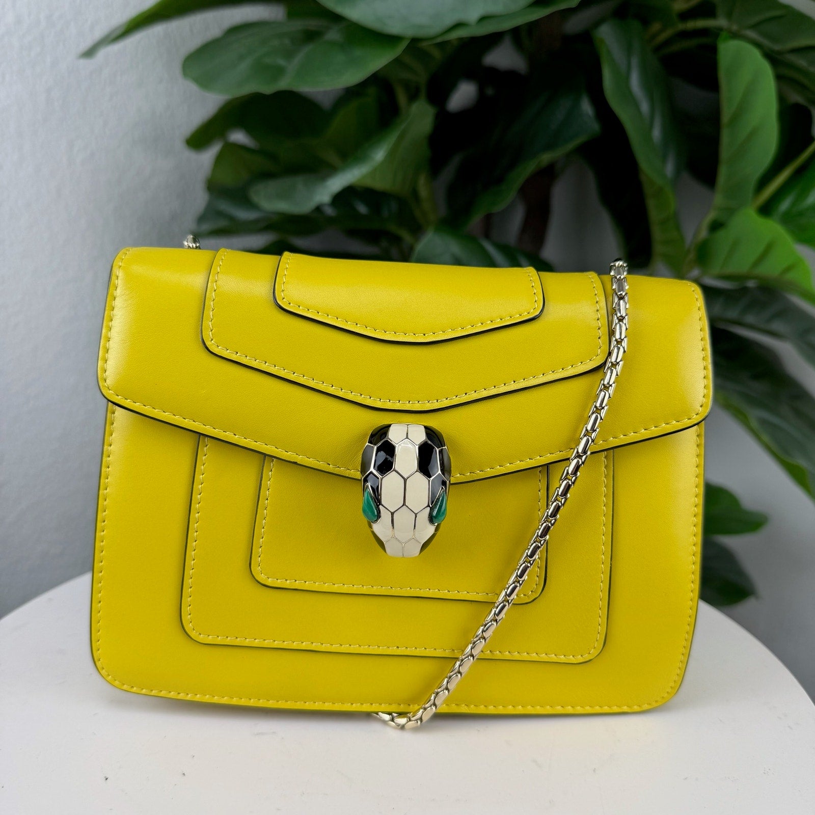 Bvlgari Serpenti Forever Yellow Leather Snake Head Chain Crossbody Flap Bag Authentic Pre Owned