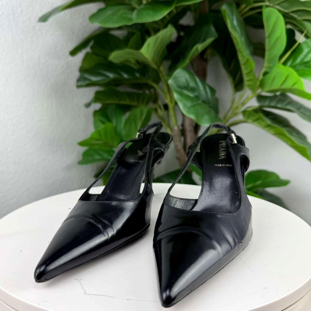 Authentic Prada Black Leather Slingback Pumps Kitten Heel