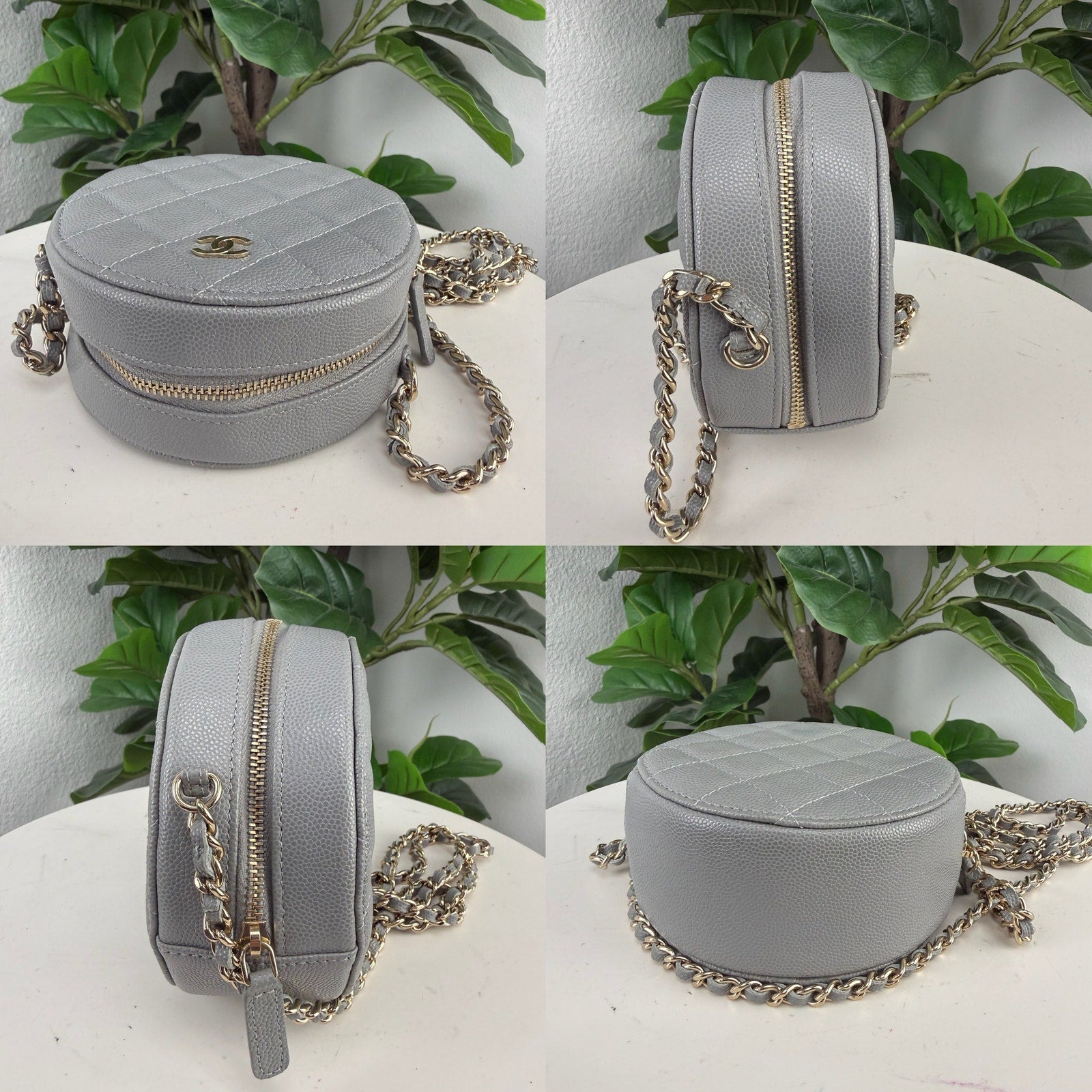 A1💎✨ Authentic Chanel Round Quilted Caviar Gray Leather Chain Crossbody Bag