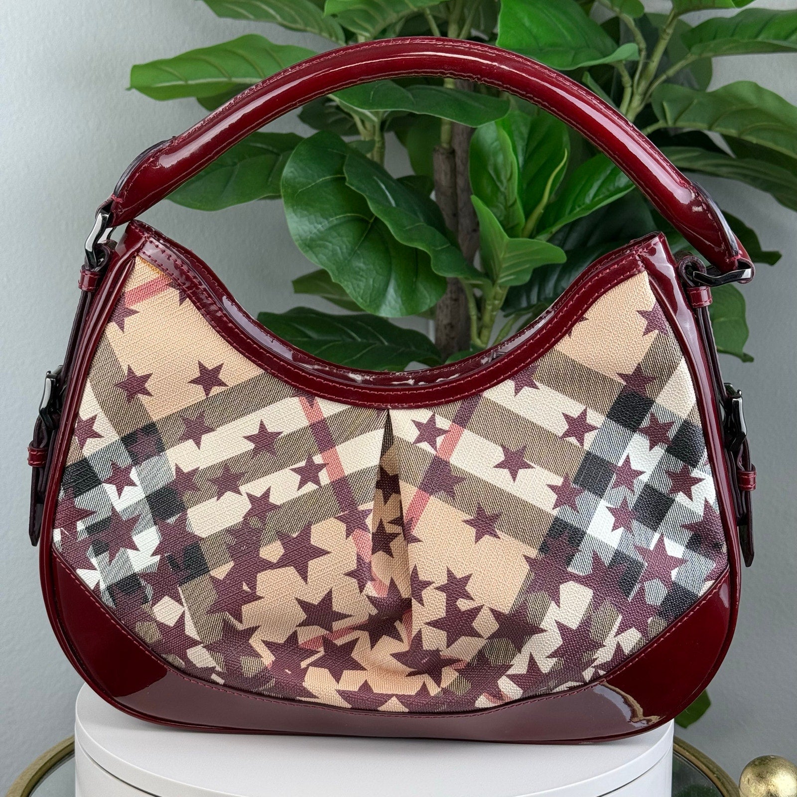 Authentic BURBERRY  Nova Plaid PVC Shoulder Bag Beige Wine