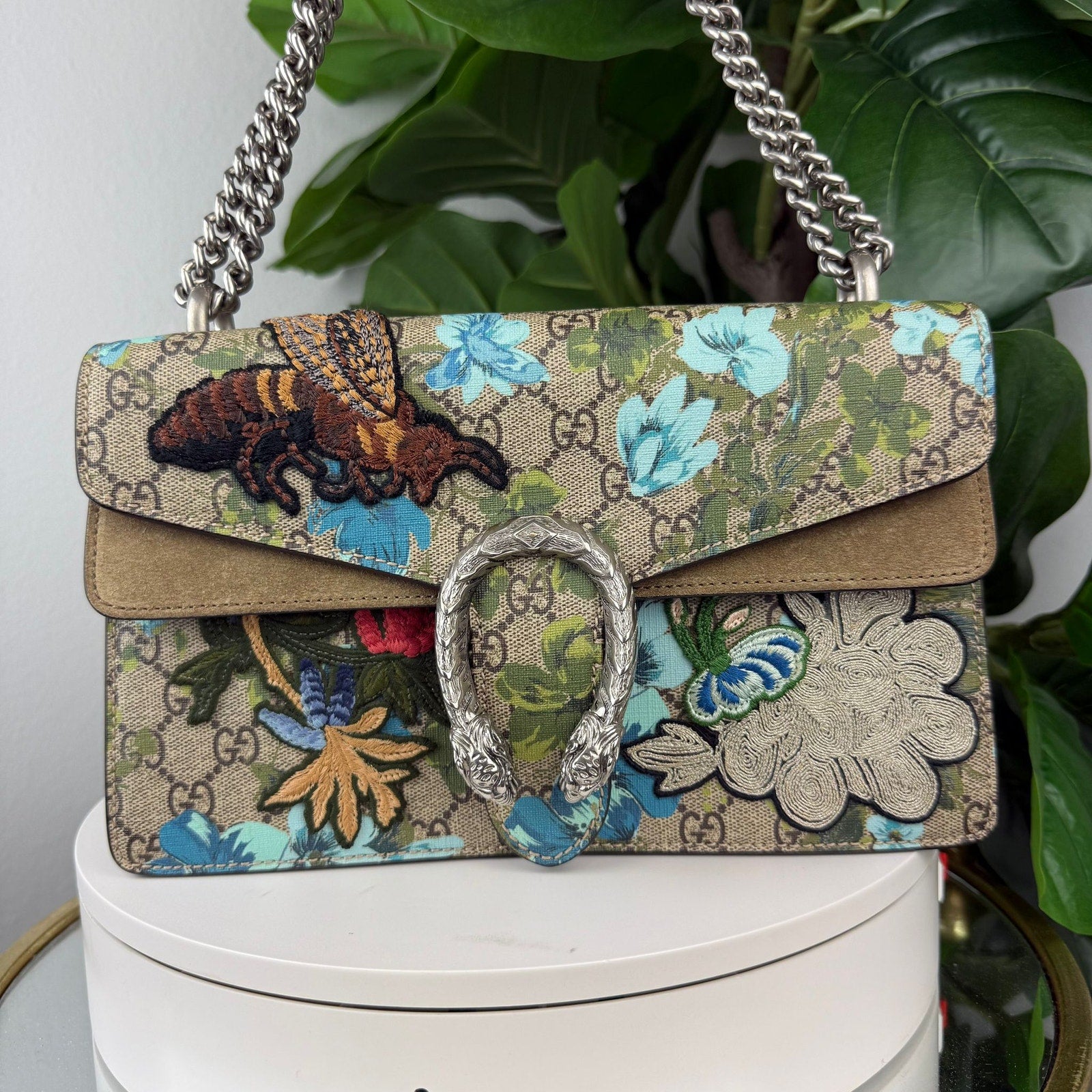 Authentic Gucci GG Supreme Monogram Blooms Print Embroidered Dionysus Shoulder Bag Blue Taupe