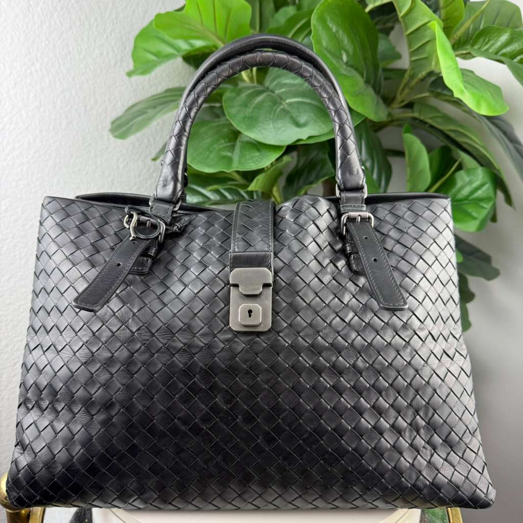 Authentic Bottega Veneta Dark Grey Intrecciato Woven Nappa Handbag