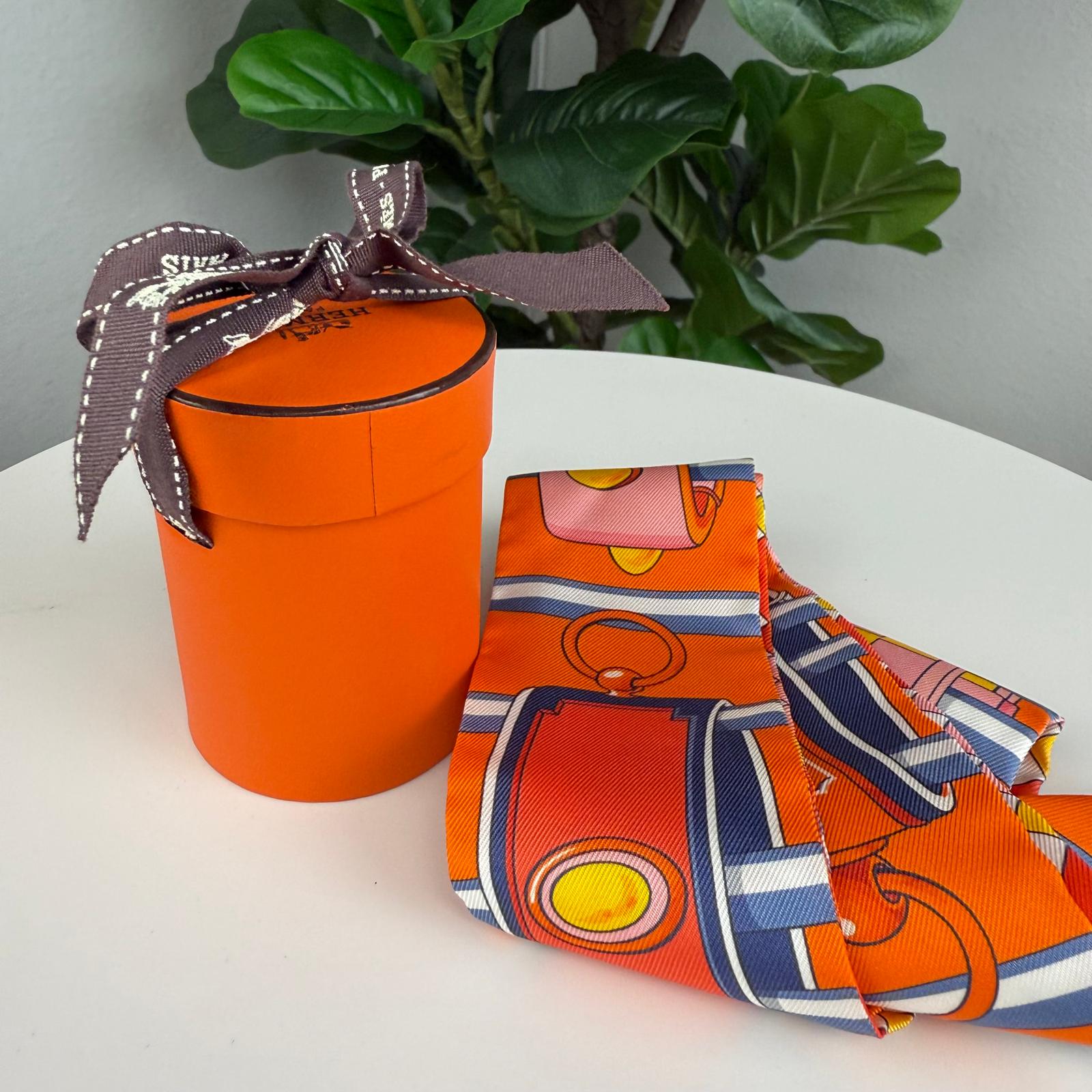 Authentic Hermes Silk Colliers De Chiens Remix Twilly Orange