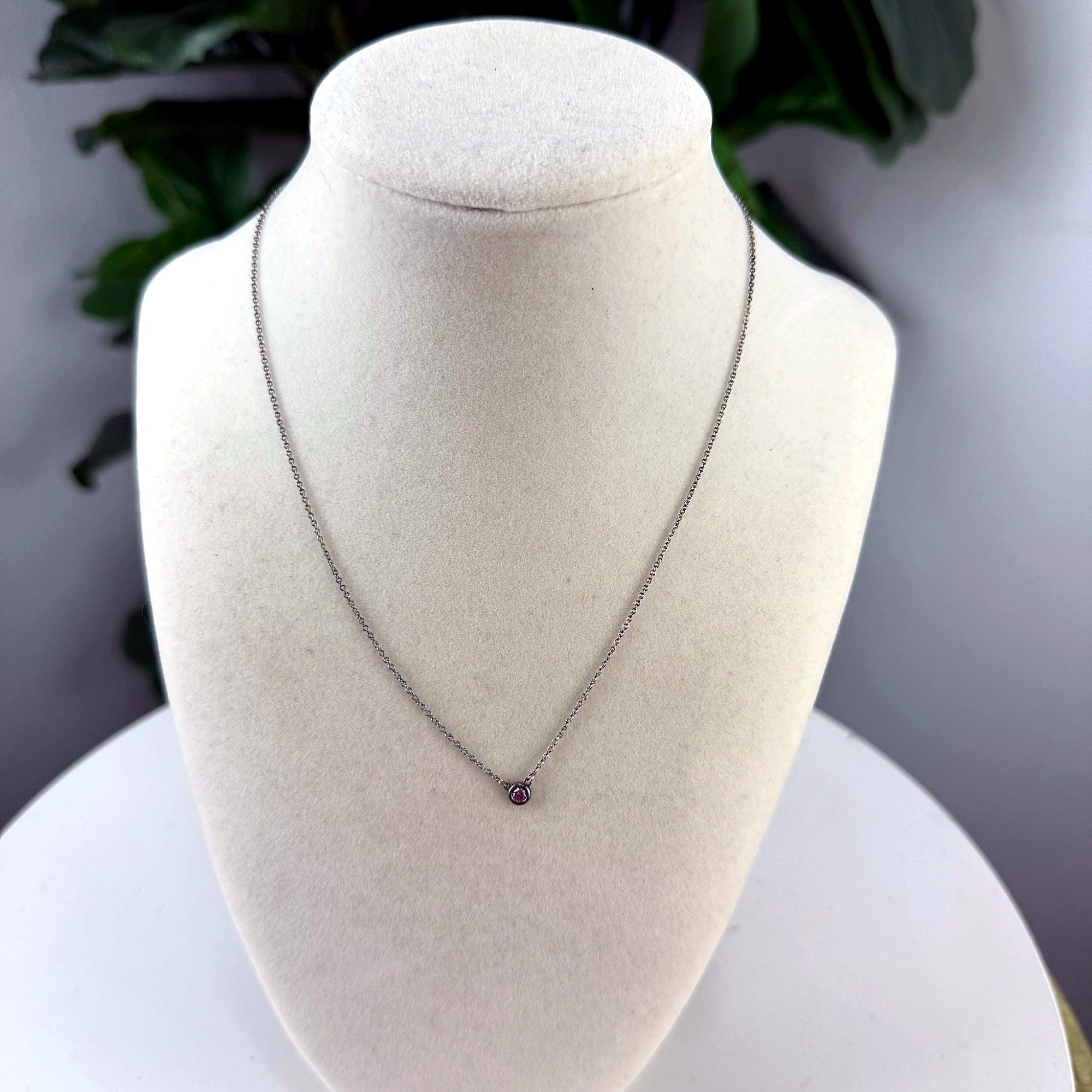 Authentic Tiffany & Co. Elsa Peretti Color by the Yard pink gemstone pendant necklace, sterling silver, front view on bust form