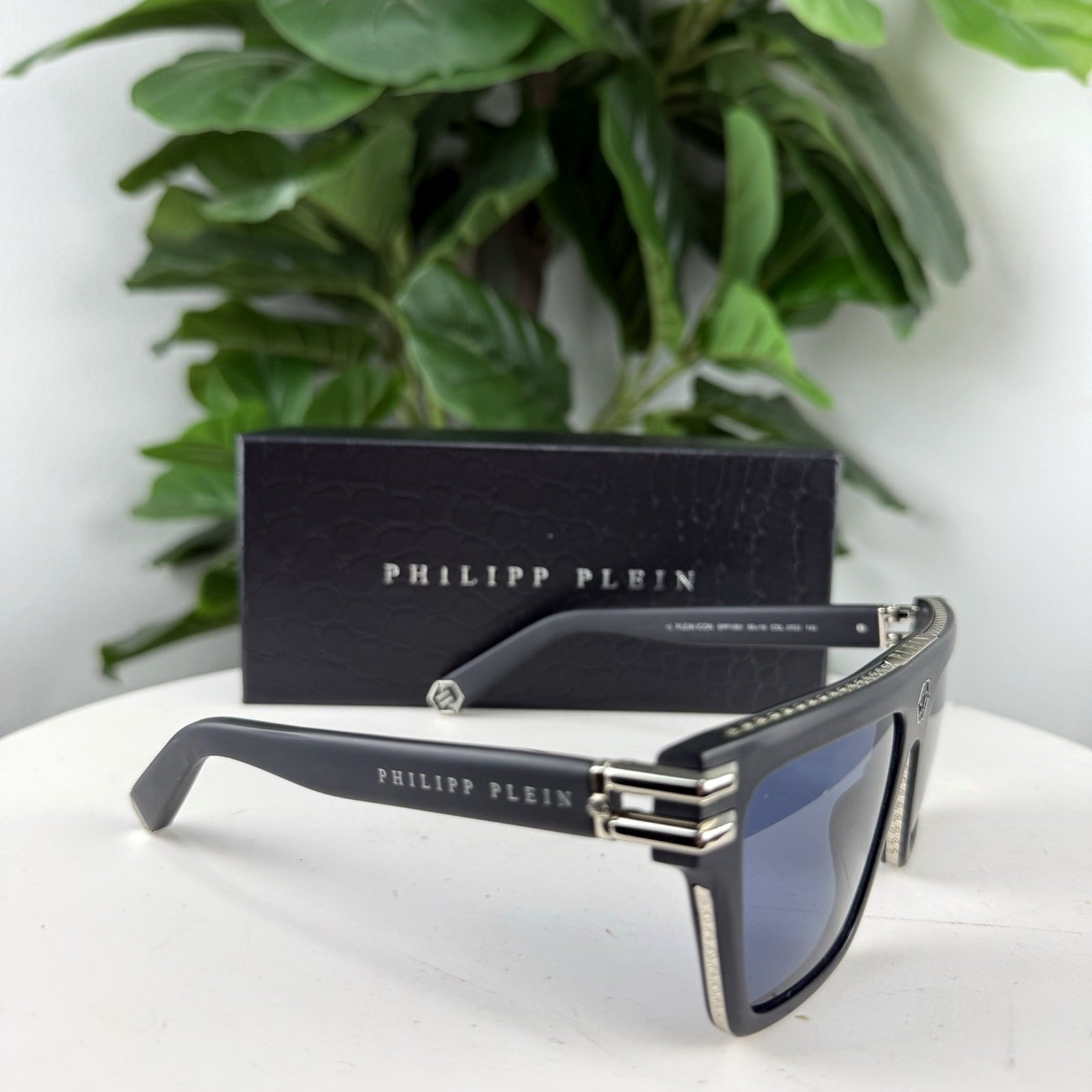 Authentic Philipp Plein Studded D-Frame Blue-Lens Sunglasses - with box