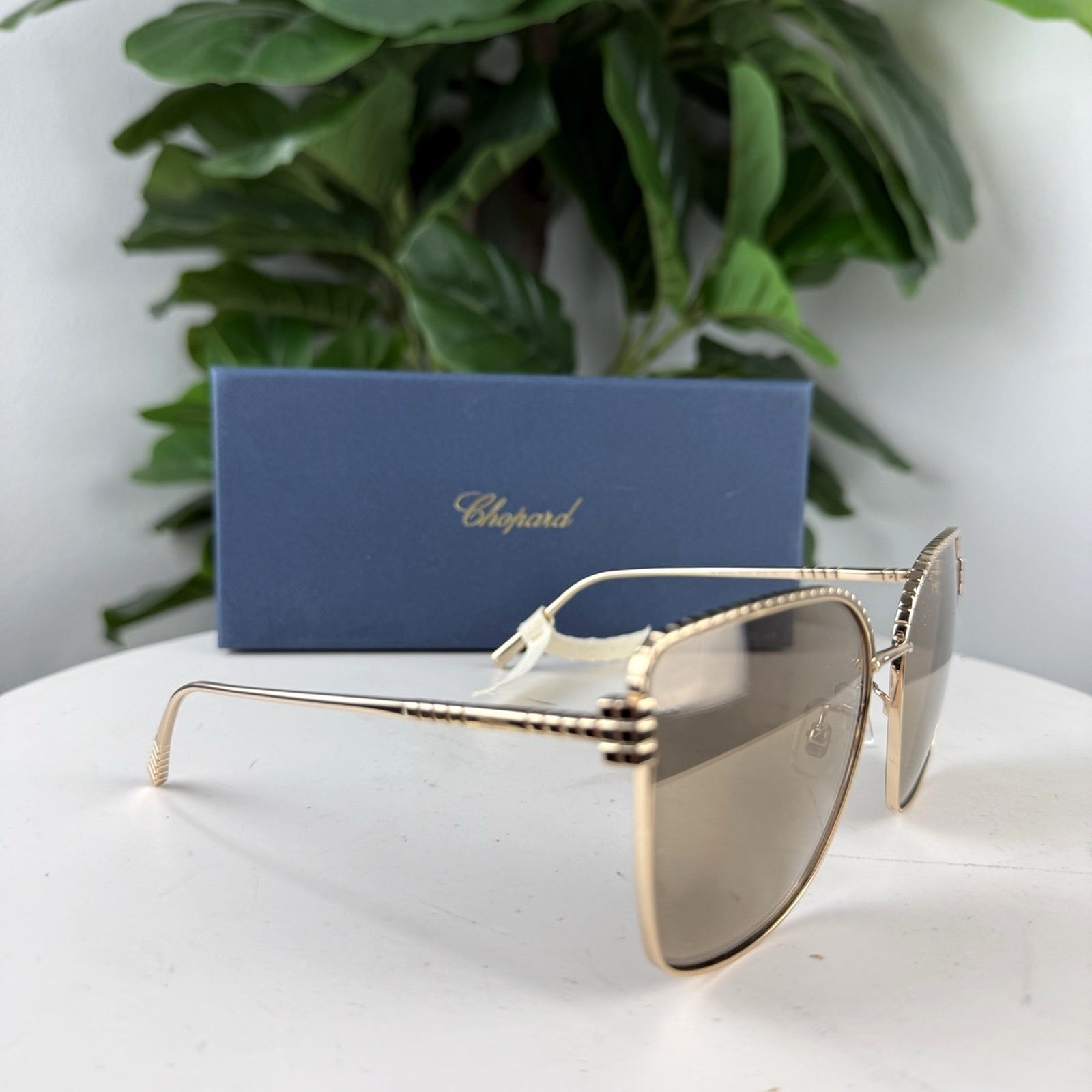 Authentic Chopard Gold-Tone Crystal Aviator Sunglasses - with box
