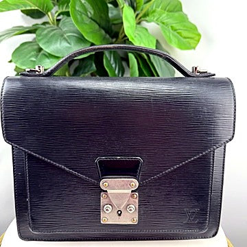 Authentic Louis Vuitton Black Epi Leather Monceau Bag - front view with lock plate