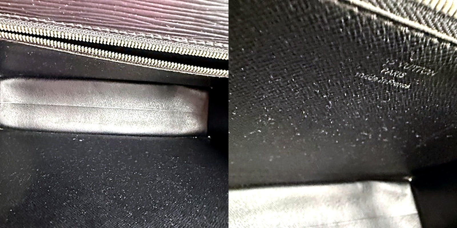 Authentic Louis Vuitton Black Epi Leather Monceau Bag - interior and LOUIS VUITTON PARIS MADE IN FRANCE stamp