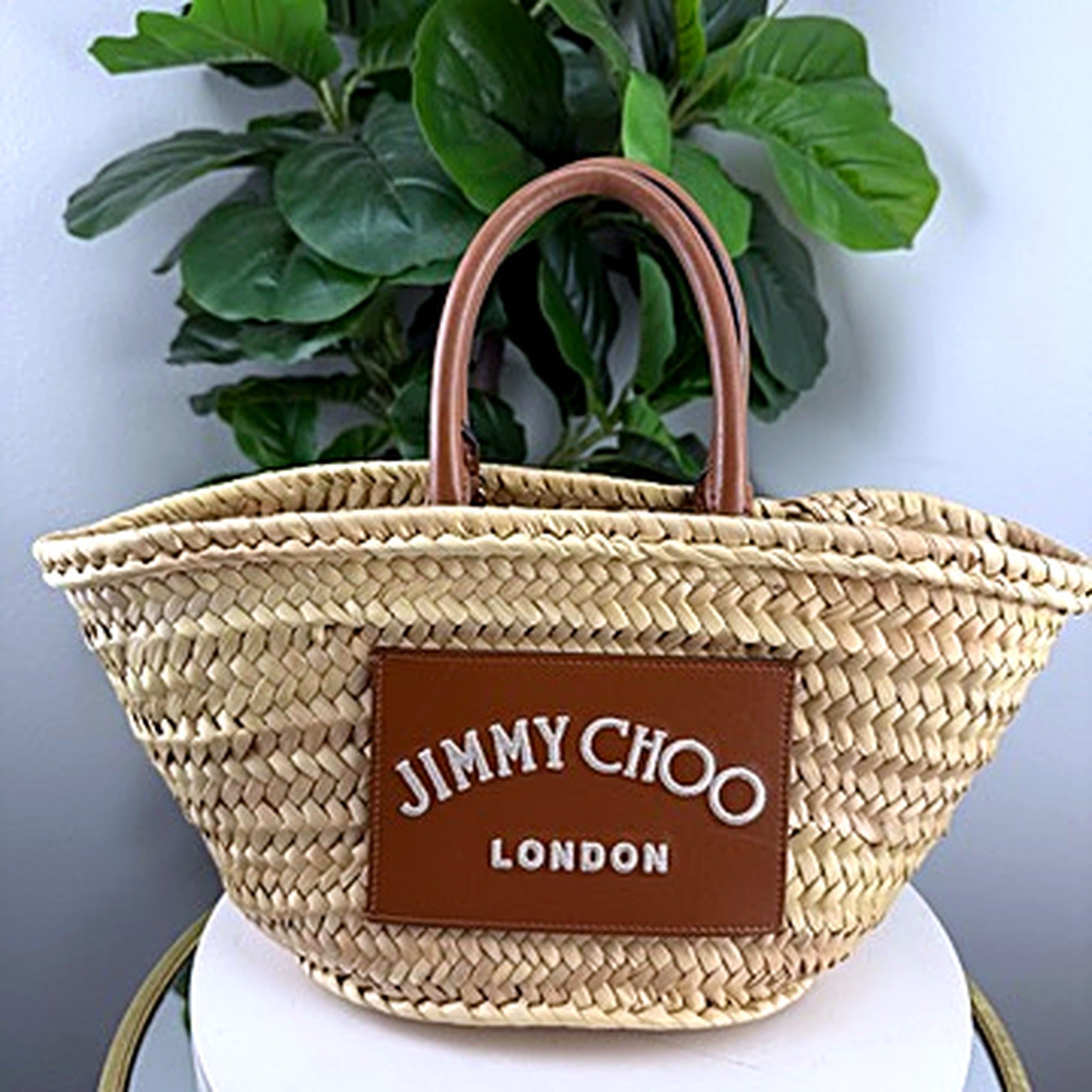 Authentic Jimmy Choo London woven straw basket tote, front view with brand patch
