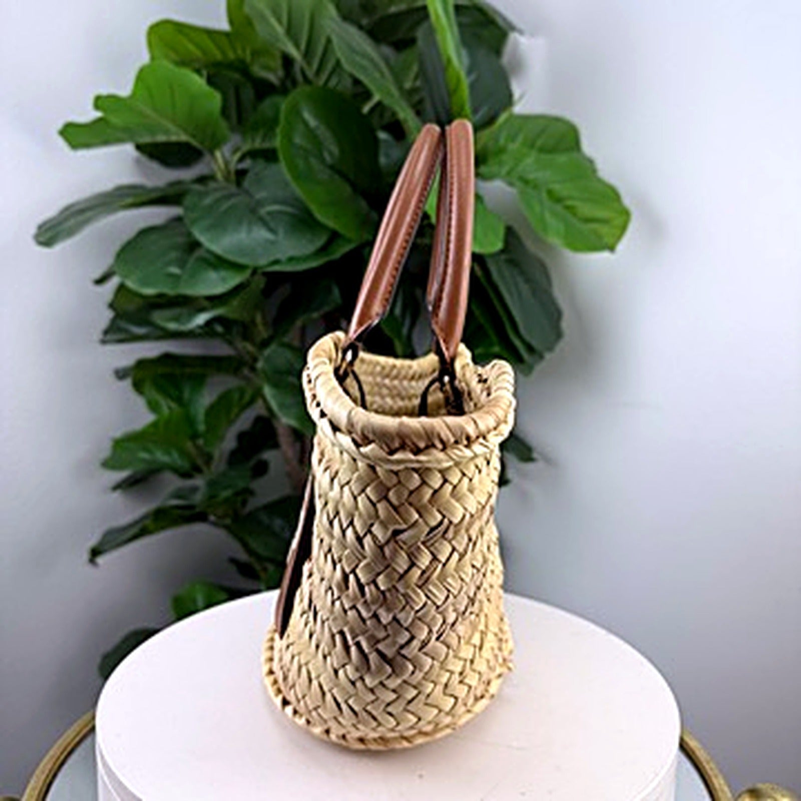 Authentic Jimmy Choo London woven straw basket tote, side view