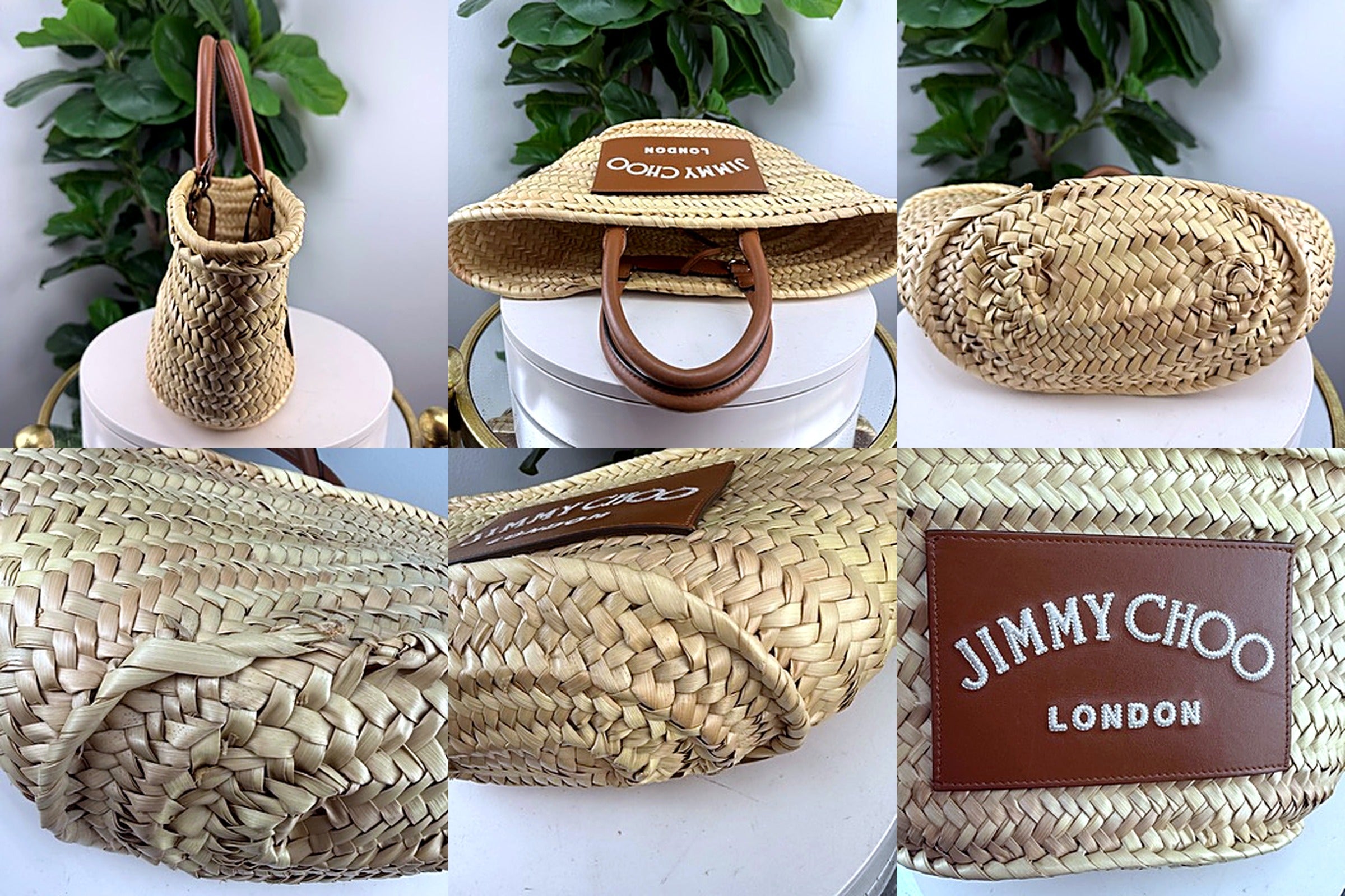 Jimmy Choo straw basket tote detail grid: other angle, top, bottom, weave and brand patch close-ups