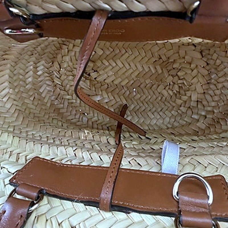 Jimmy Choo straw basket tote interior handle attachment and hardware detail