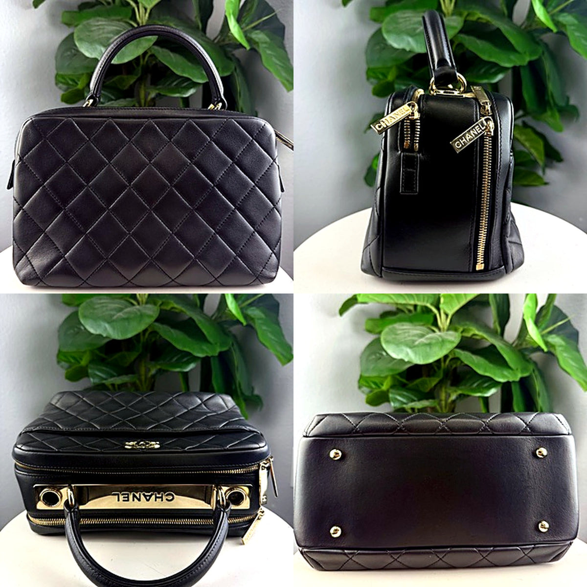 Authentic Chanel Black Quilted Lambskin Trendy CC Bowling Bag - back, side charms, top nameplate, bottom