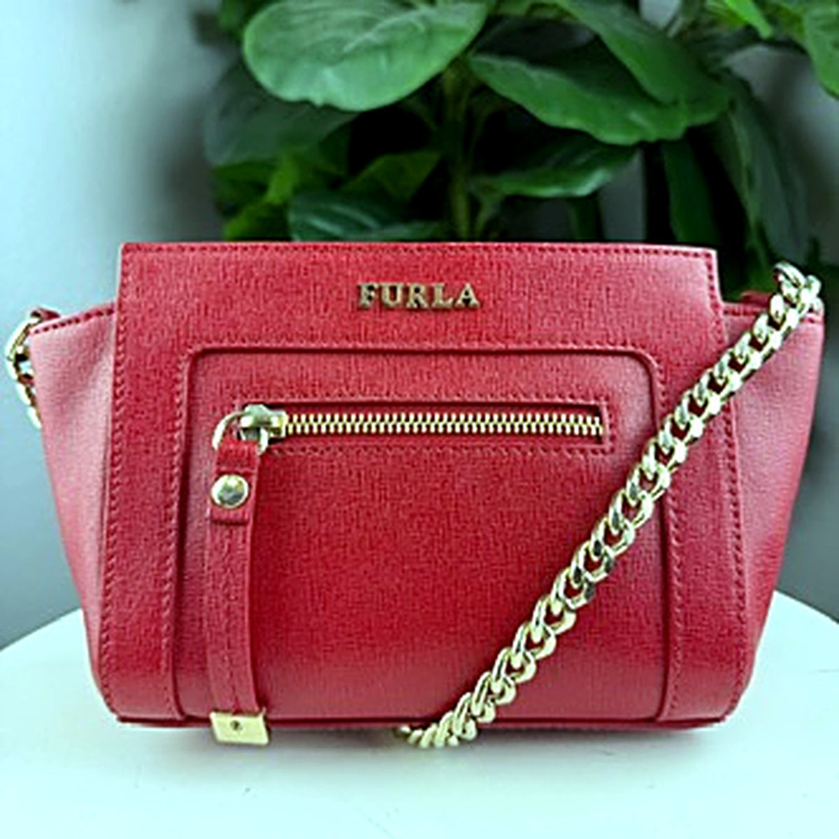 Authentic Furla red saffiano leather crossbody bag - front view