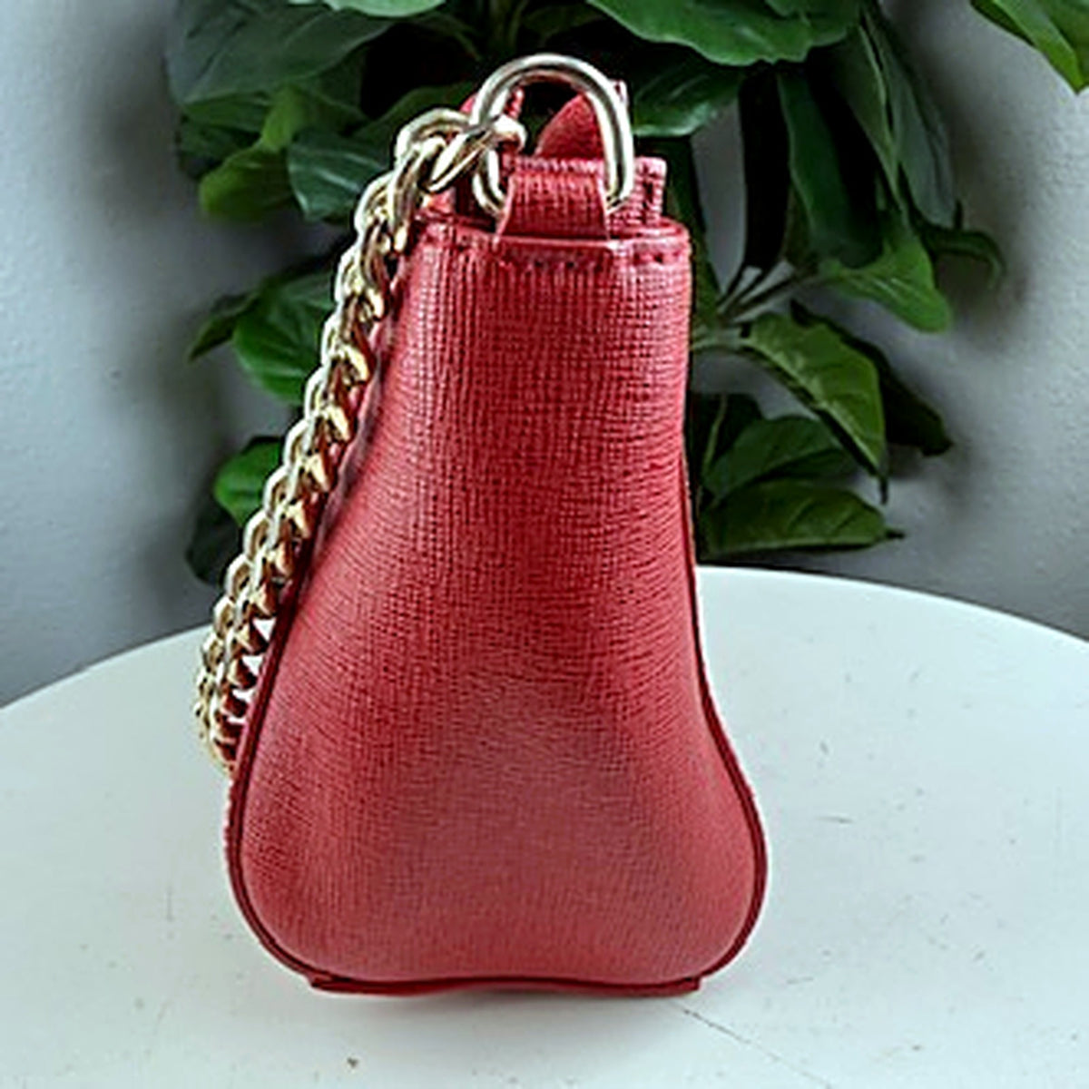 Authentic Furla red saffiano leather crossbody bag - side view with gold chain strap