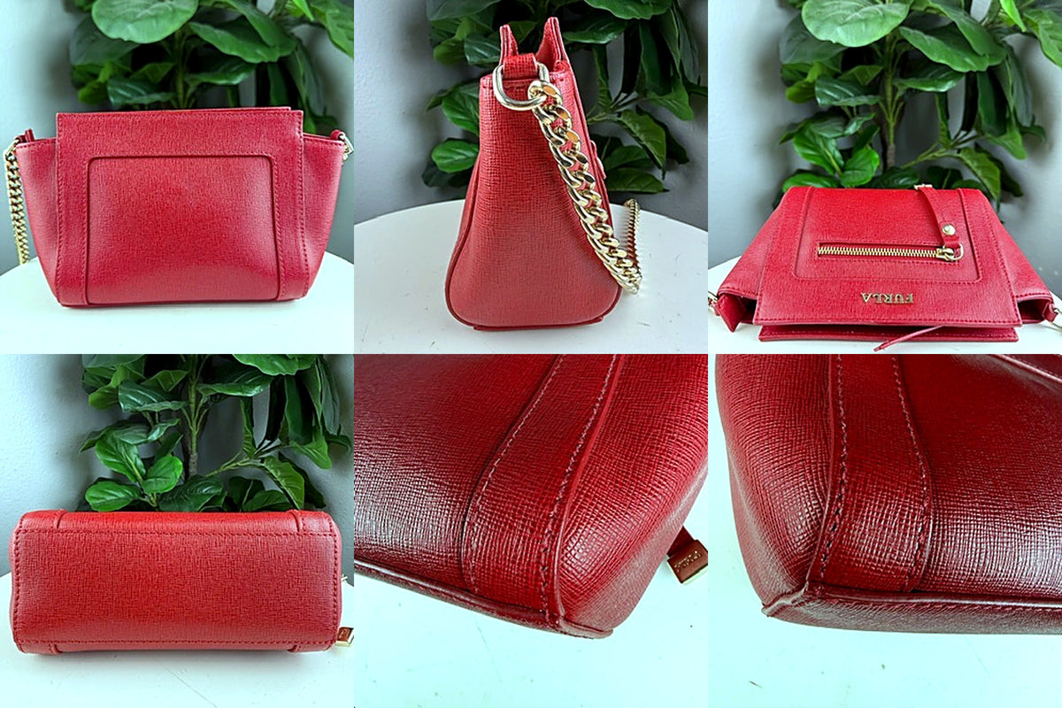 Furla red saffiano crossbody bag detail views - back, side, bottom, and corner macros