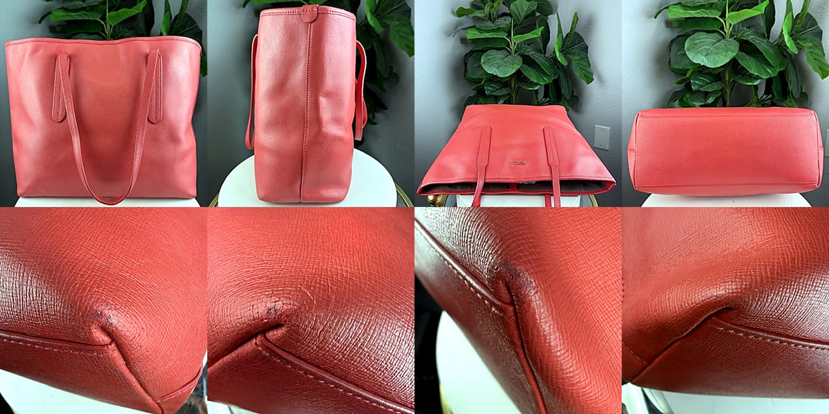 Authentic Furla coral pebbled leather tote - detail views including corner scuff marks