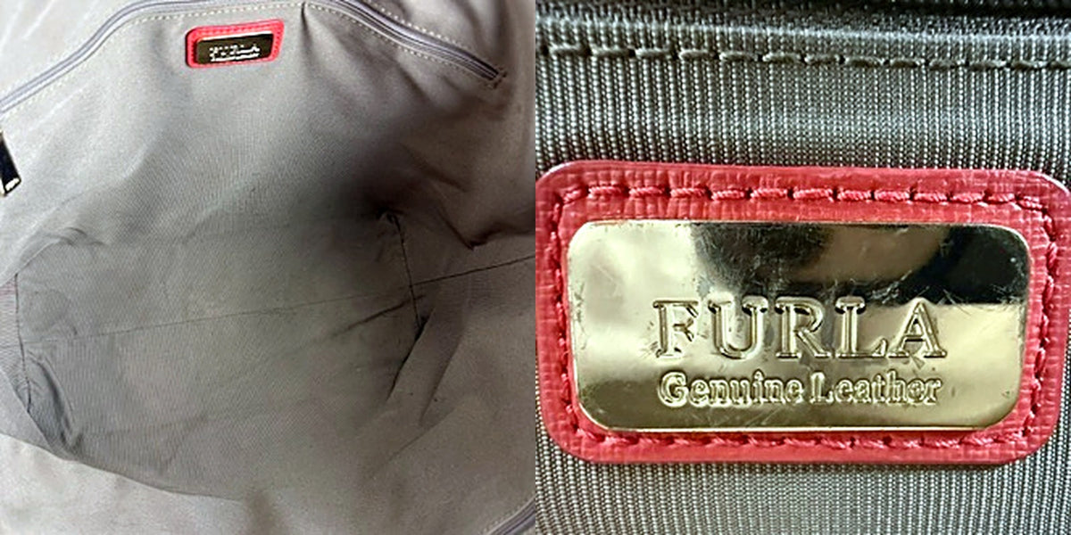 Authentic Furla coral tote interior showing staining and FURLA Genuine Leather brand plate