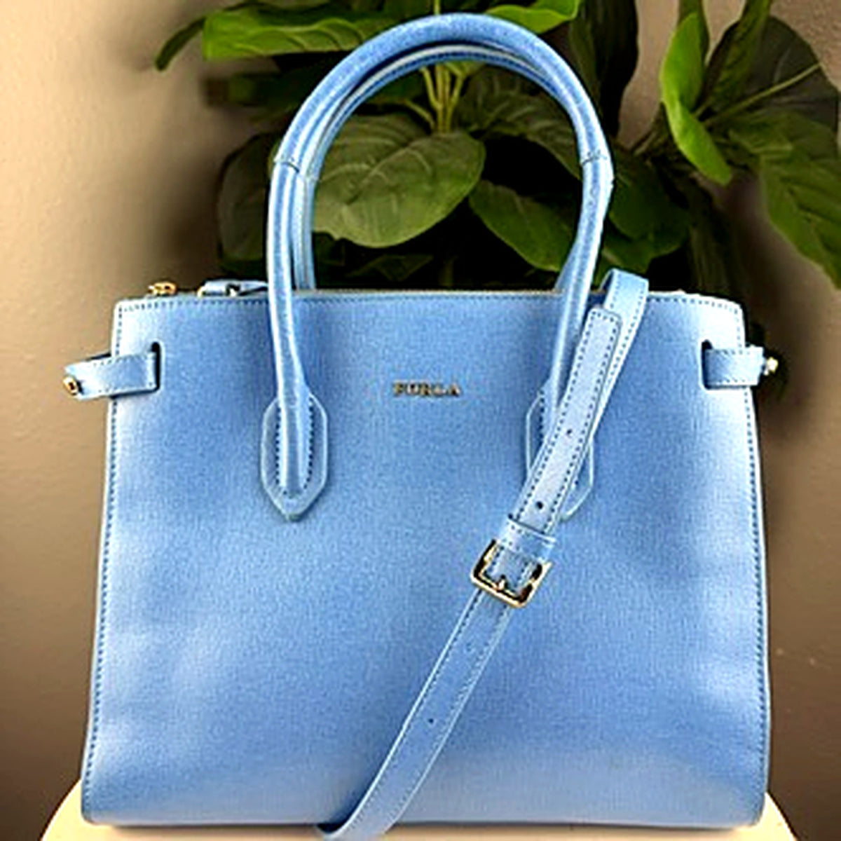 Authentic Furla powder blue saffiano leather tote bag, front view